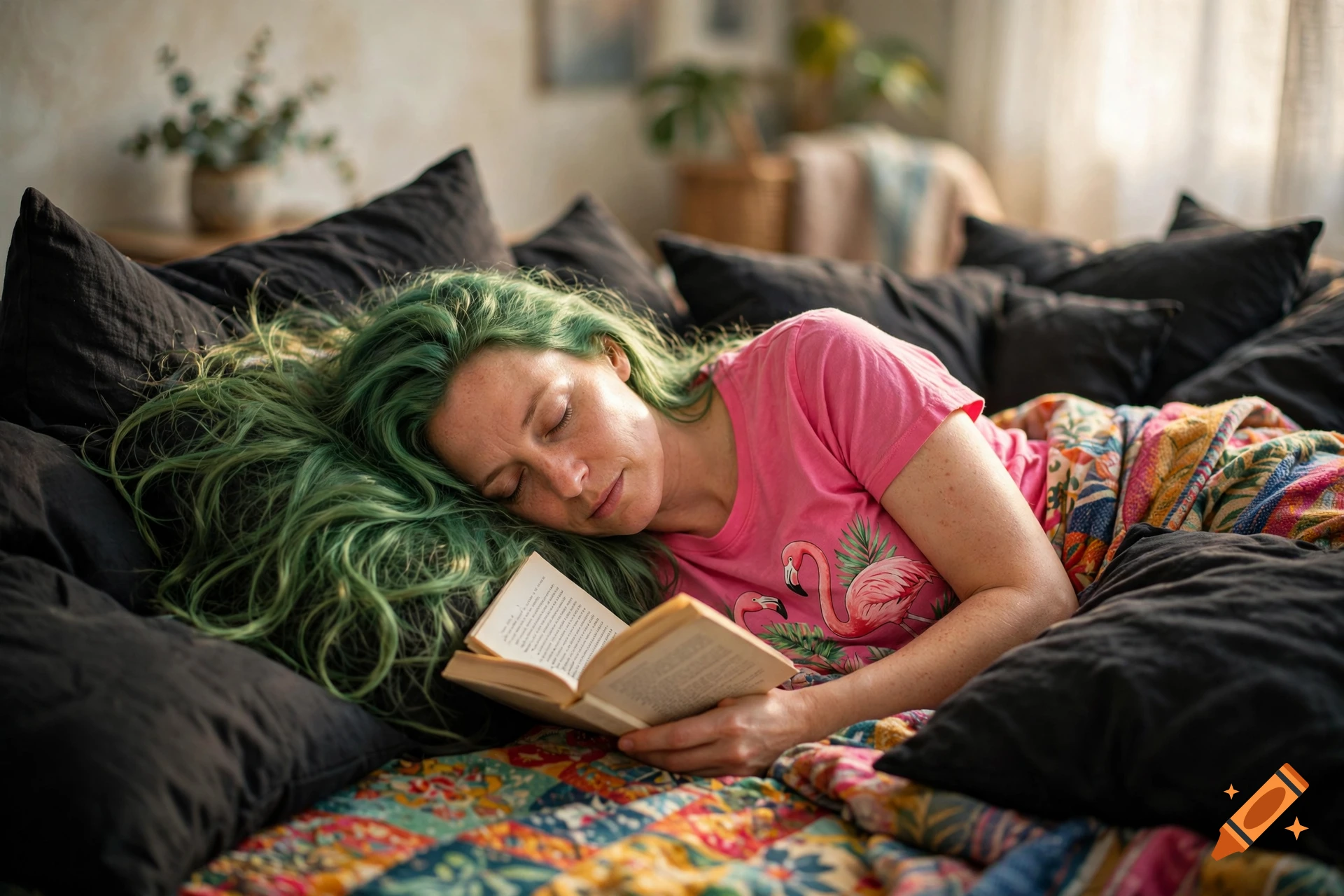 A person with green hair and a pink flamingo t-shirt sleeping on a bed with black pillows while reading a book, photorealistic.