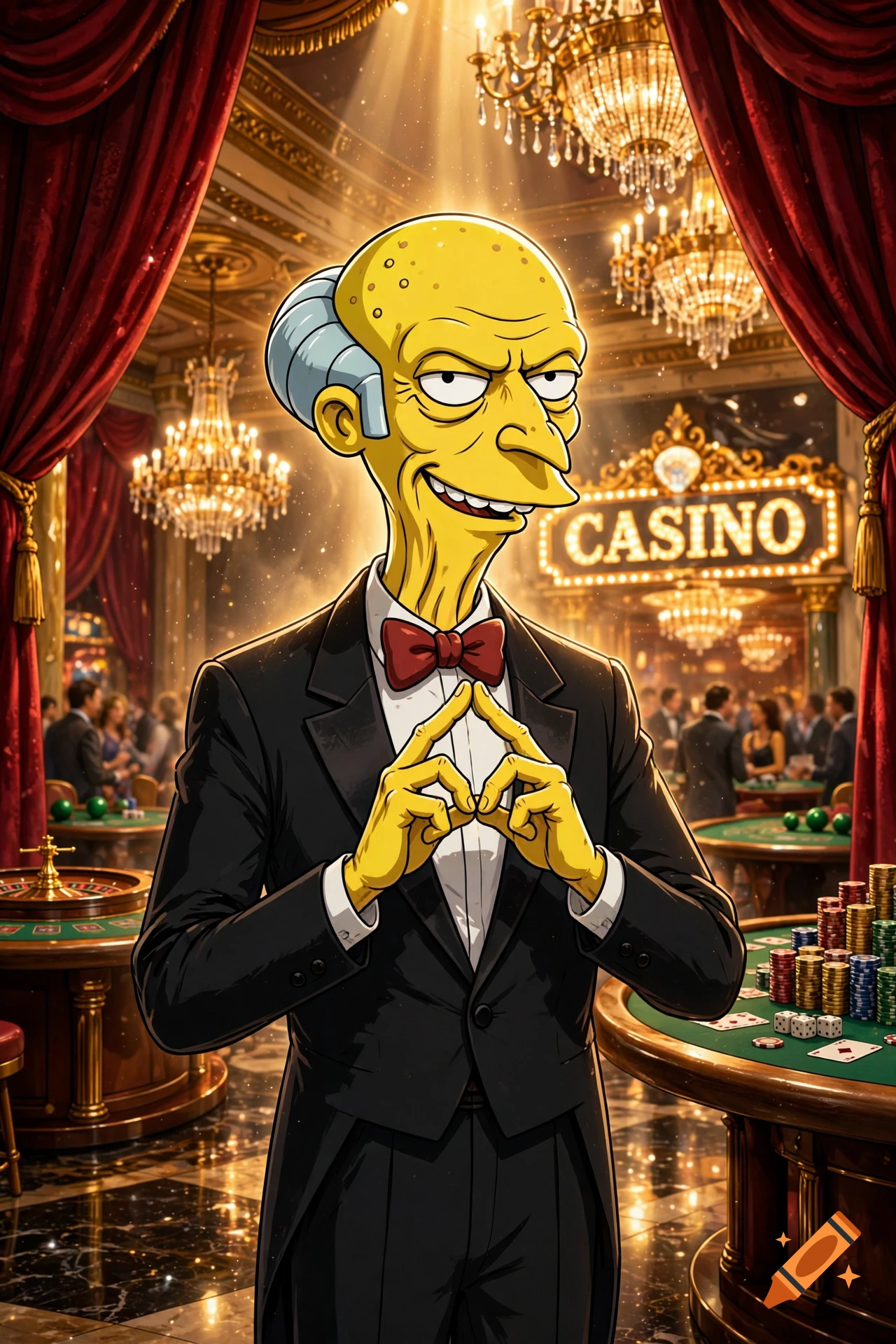 Mr. Burns from The Simpsons wearing a tuxedo in a luxurious casino, digital art style.