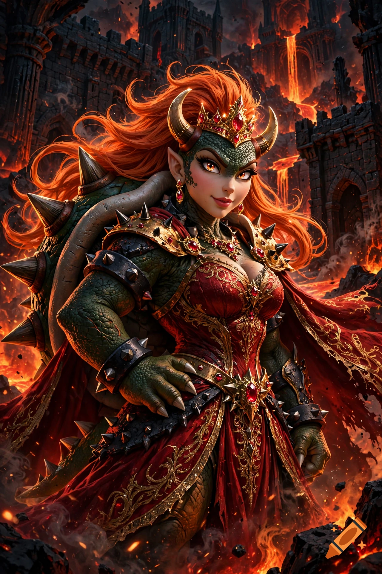 Fantasy digital art of a female Bowser with orange hair, horns, a spiked shell, and a red dress, standing in a lava castle.