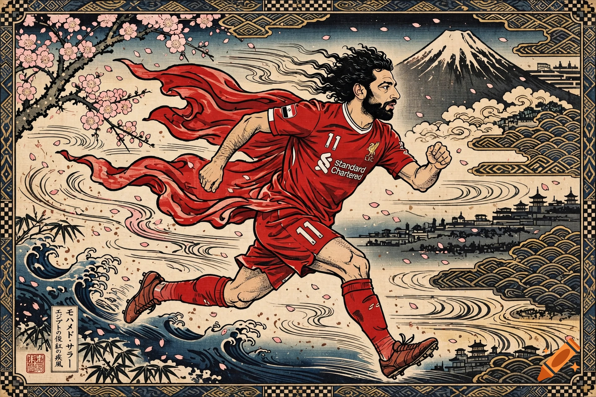 Mohamed Salah running in a red Liverpool kit with a cape, in a traditional Japanese Ukiyo-e woodblock print style with Mount Fuji in the background.