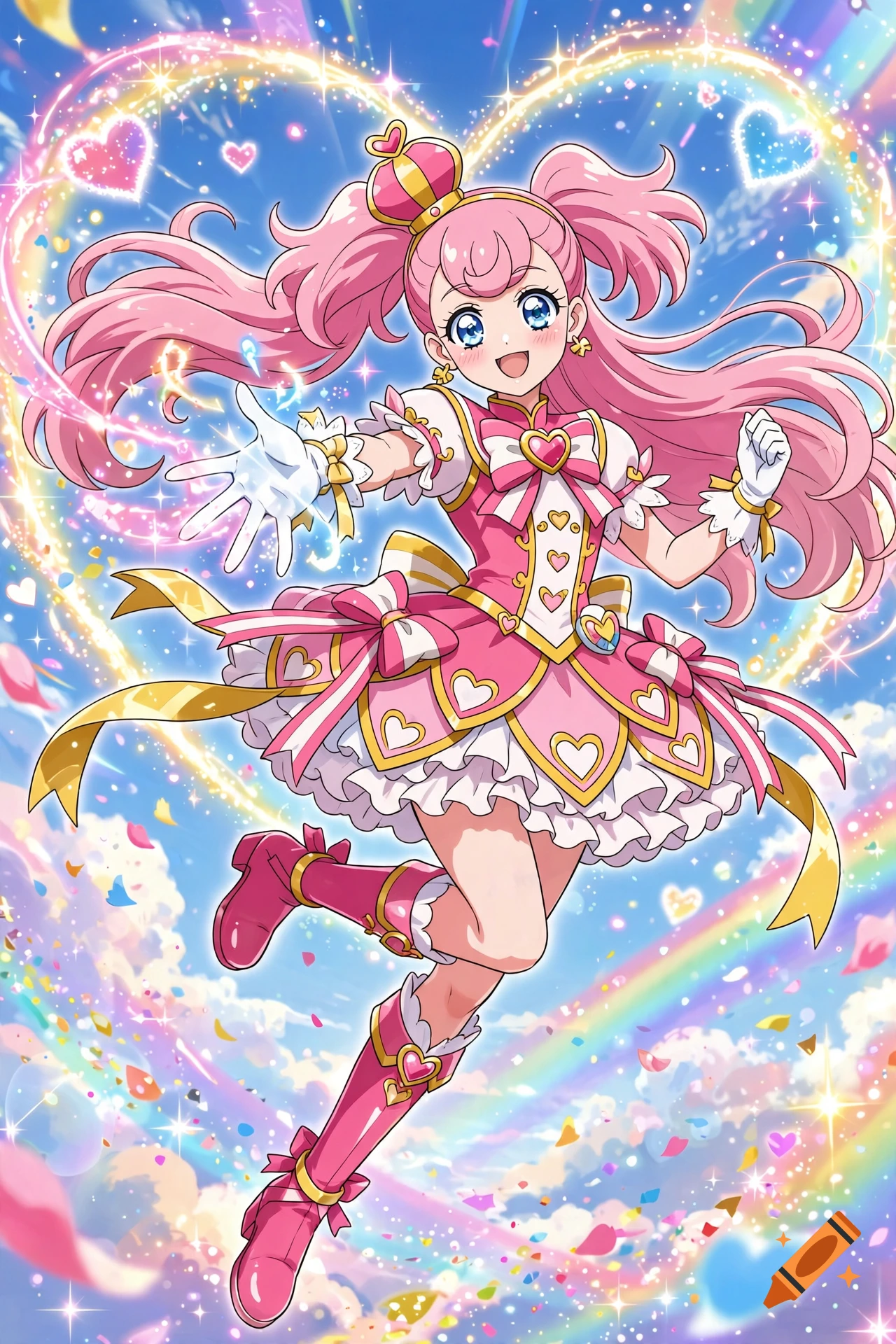 Anime magical girl with pink hair and crown in a pink dress flying against a cloudy sky with rainbow and hearts.