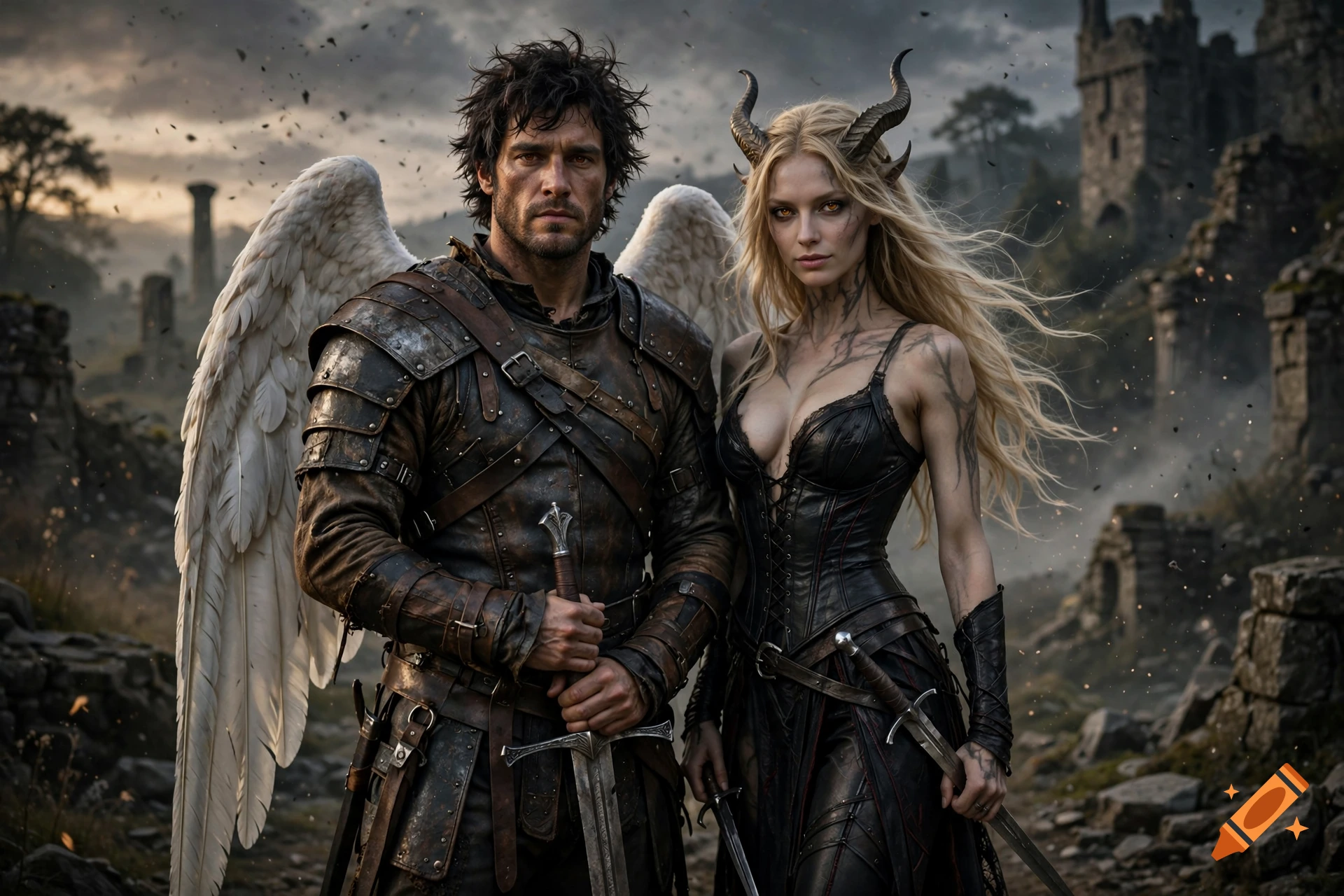 Photorealistic fantasy scene featuring a male angel with large white wings and a female demon with horns and dark leather armor amidst ruins.