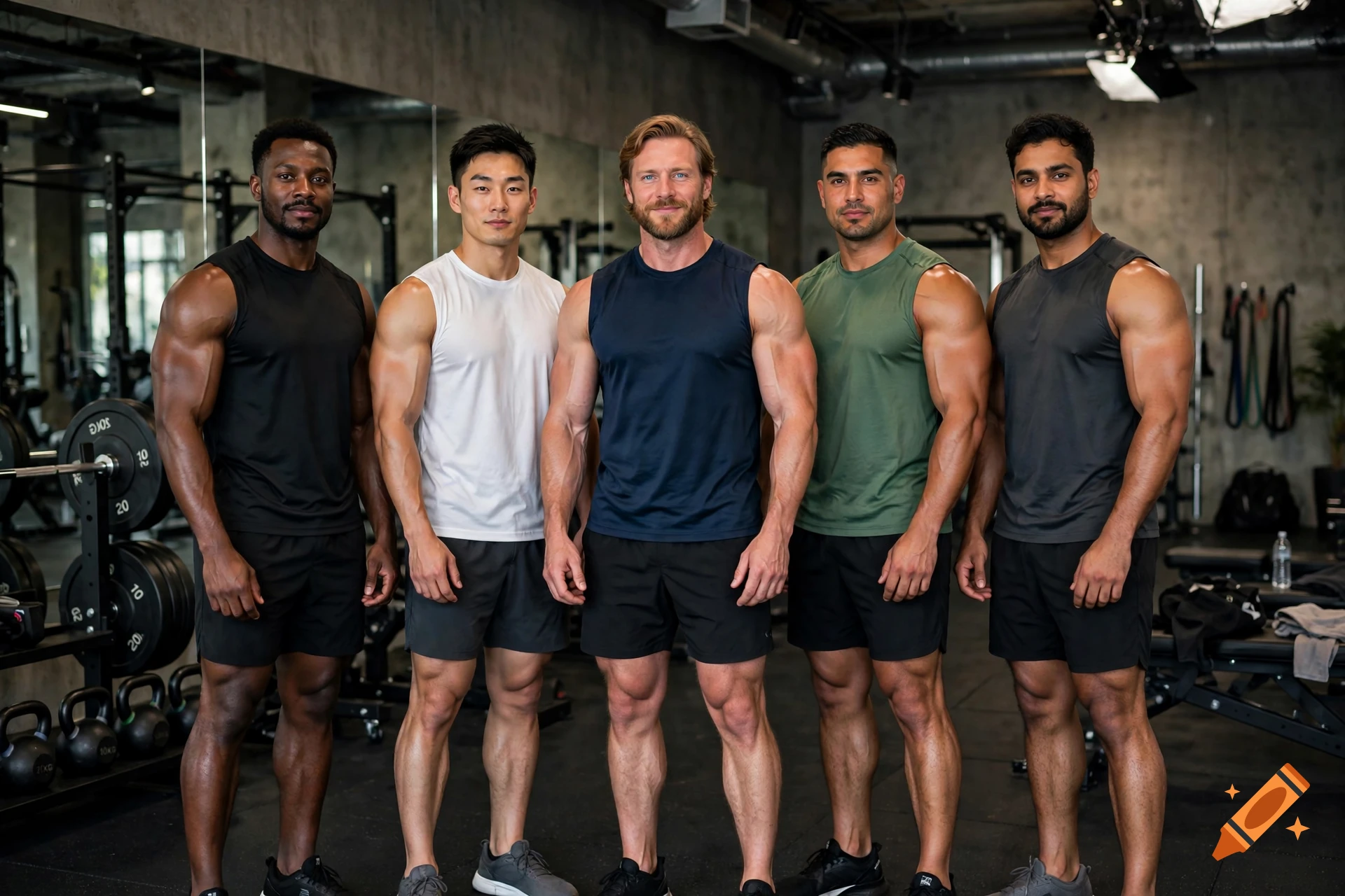 Photorealistic image of five muscular men posing together inside a gym with weights and mirrors in the background.