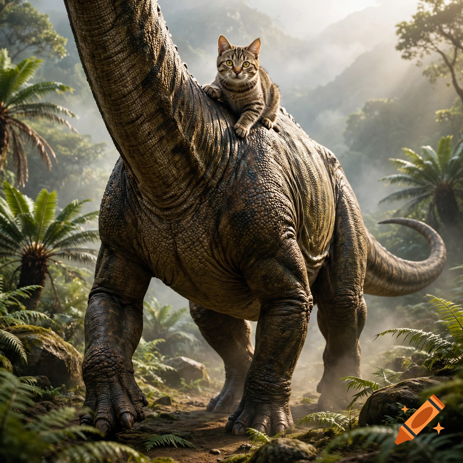 A tabby cat riding on the back of a large dinosaur in a lush, misty jungle.