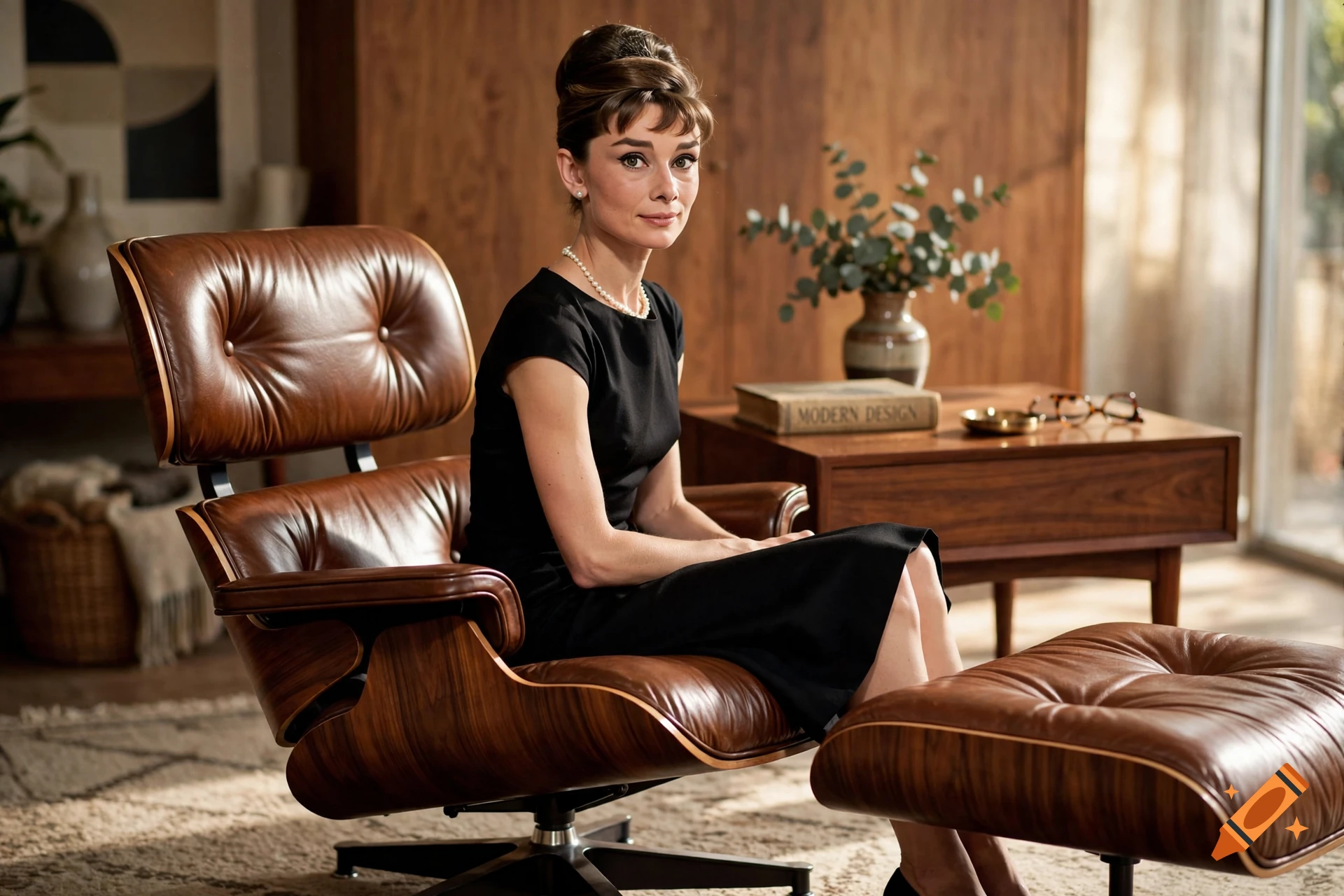 Photorealistic image of Audrey Hepburn sitting in a brown leather Charles Eames lounge chair with ottoman in a mid-century modern room.