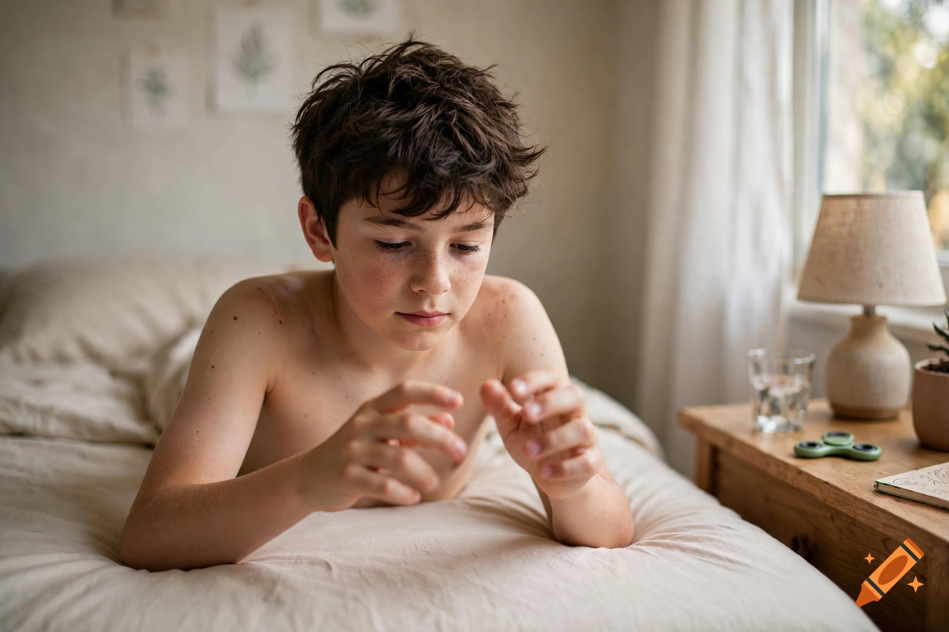 Photorealistic image of a young boy lying shirtless on a bed, looking down and stimming with his hands.