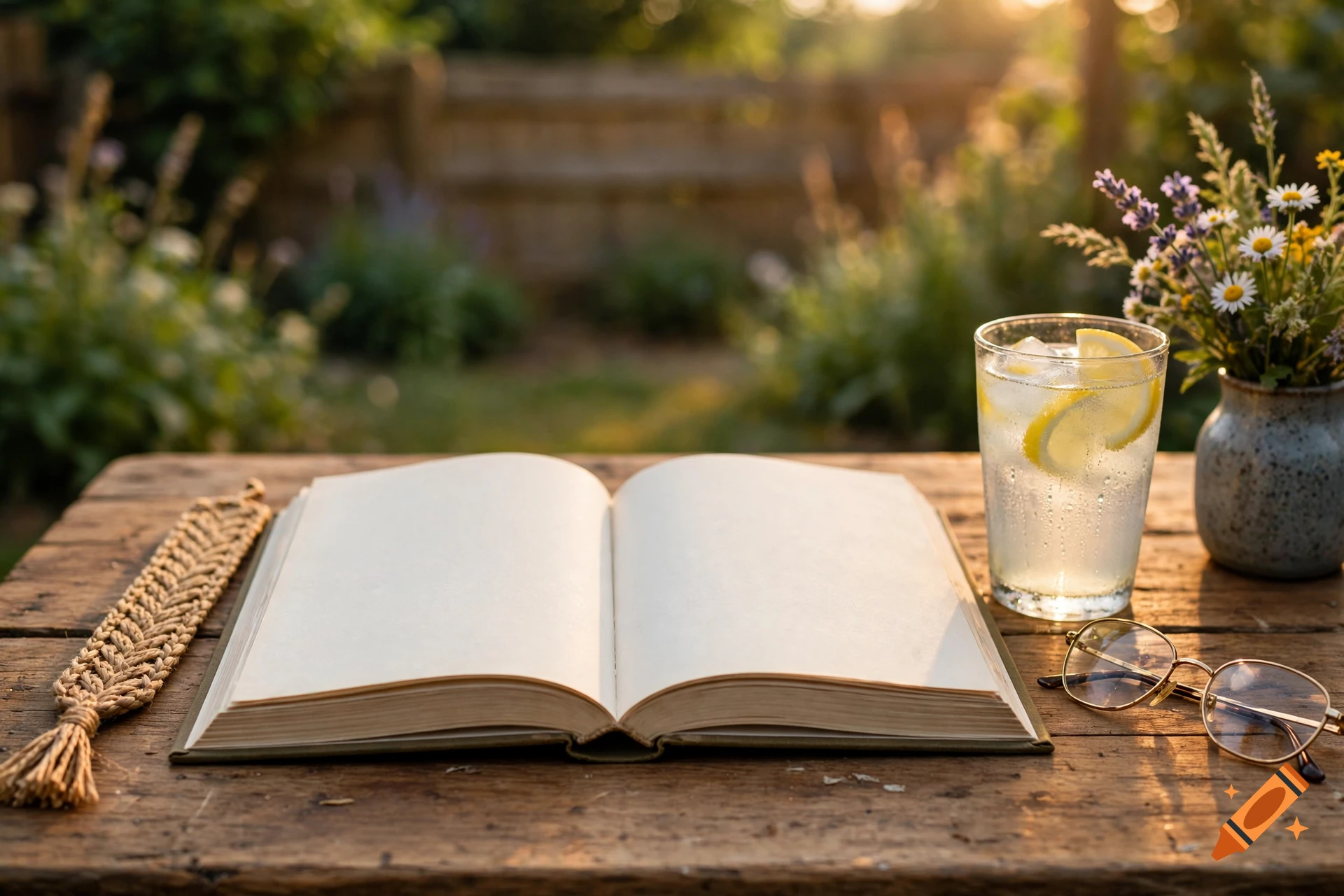 An open blank book, a glass of lemonade with ice and lemon slices, glasses, and a small vase of wildflowers on a rustic wooden table outdoors at sunset.