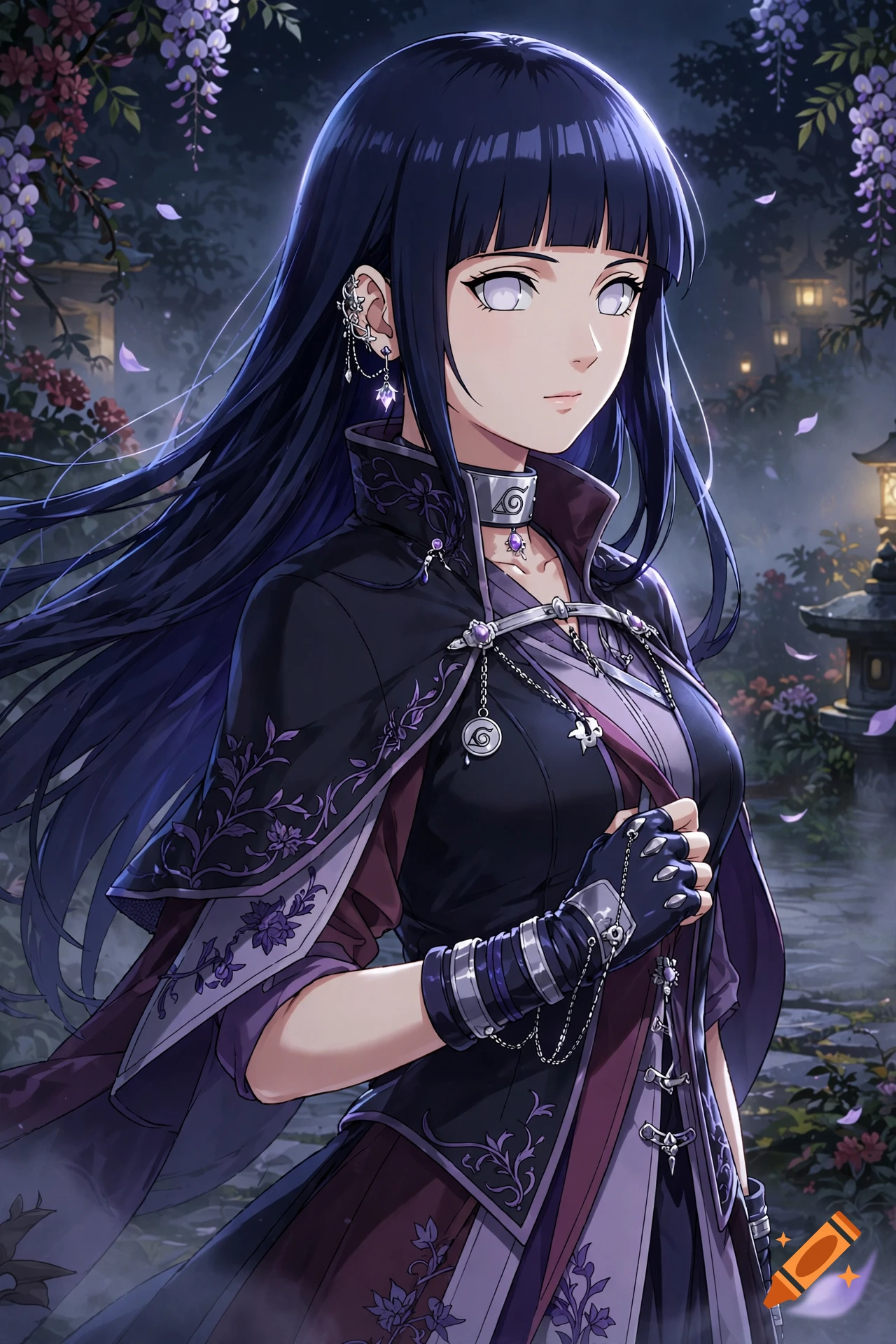 Digital anime style illustration of Hinata Hyuga with long dark hair, wearing a dark purple and black cloak in a garden at night.