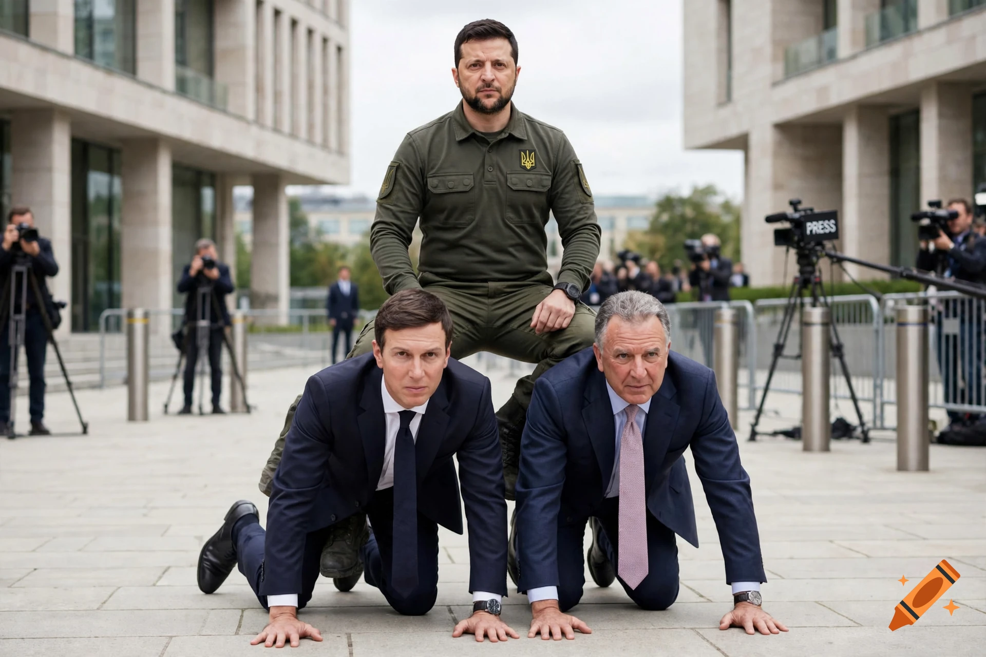 Photorealistic image of Volodymyr Zelenskyy riding on the backs of Jared Kushner and Steve Witkoff outdoors in front of a modern building.