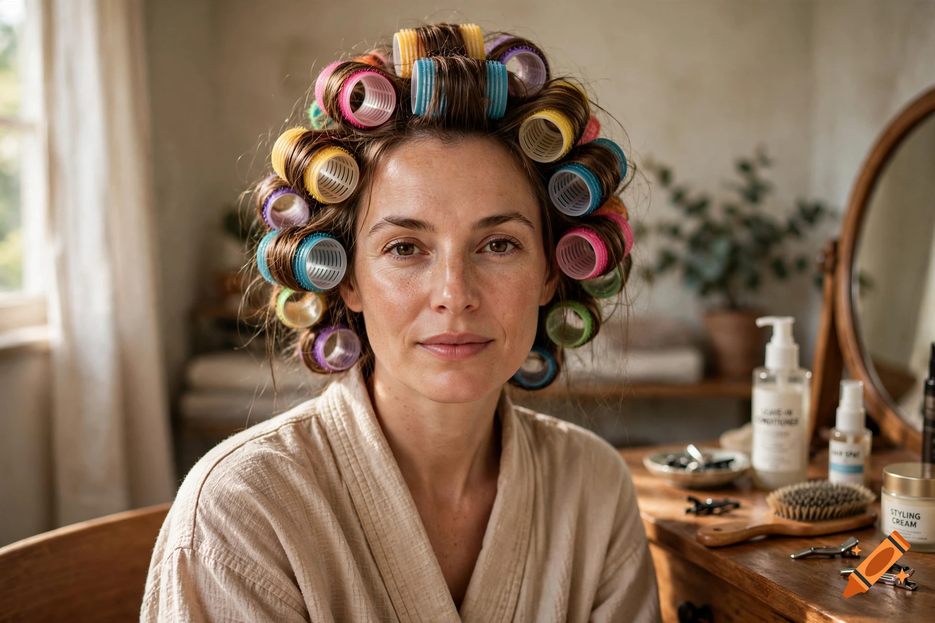 Photorealistic portrait of a woman with colorful hair rollers sitting at a vanity with beauty products.