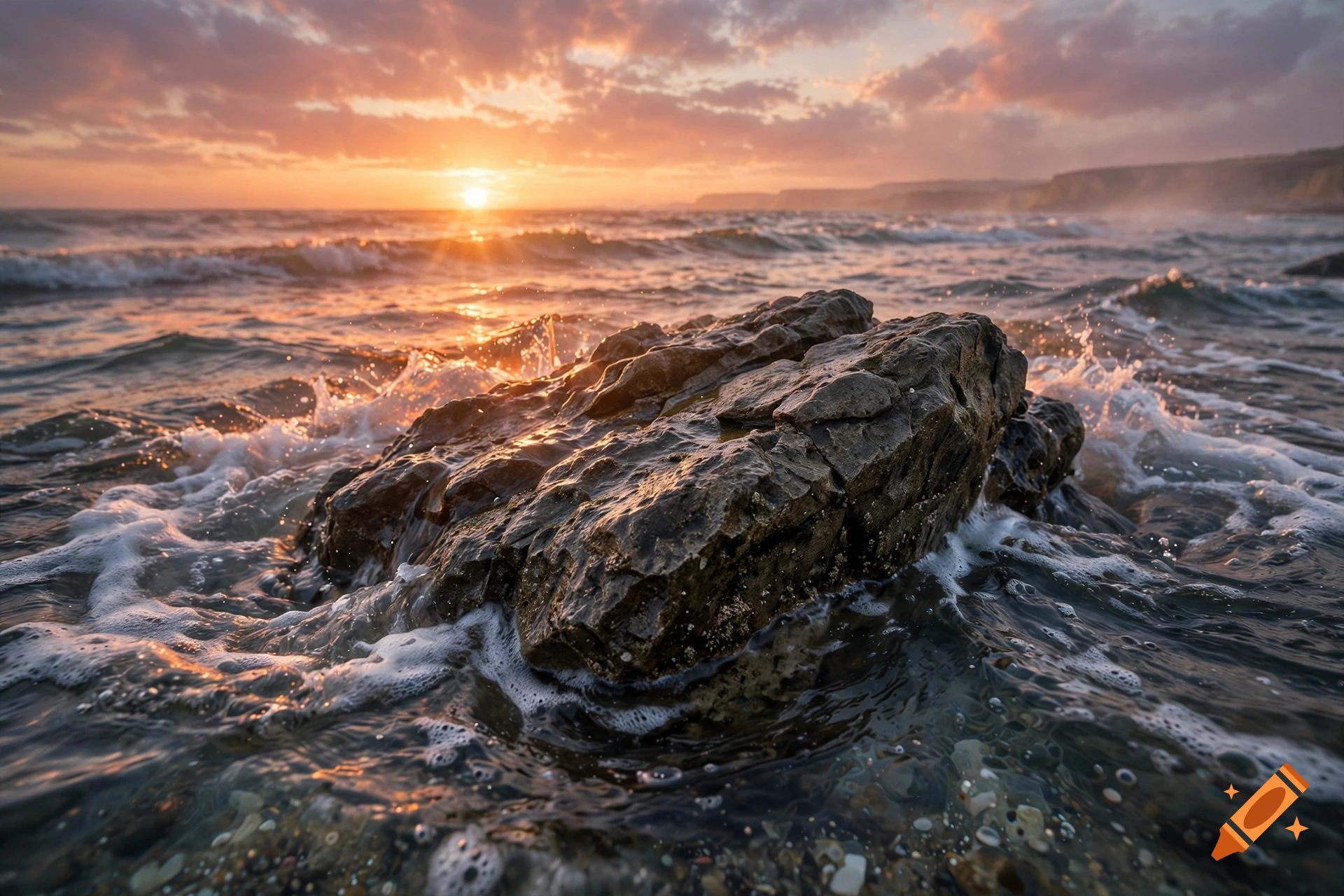 A photograph of a wet rock in the foreground with waves crashing around it, under a warm sunset sky with the sun setting over the ocean.
