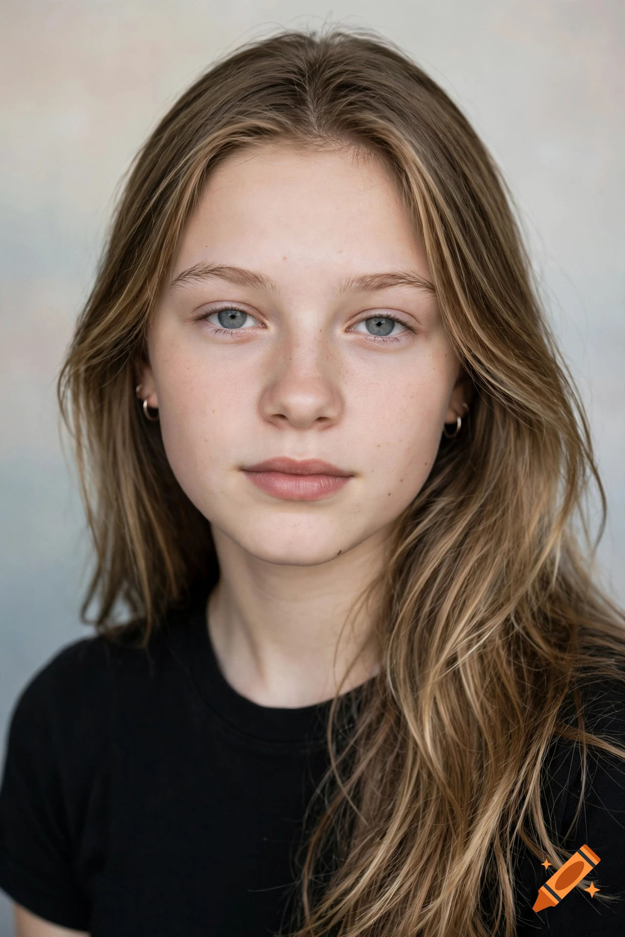 Photorealistic portrait of a young woman with long dark blonde hair, blue eyes, and small hoop earrings against a neutral background.