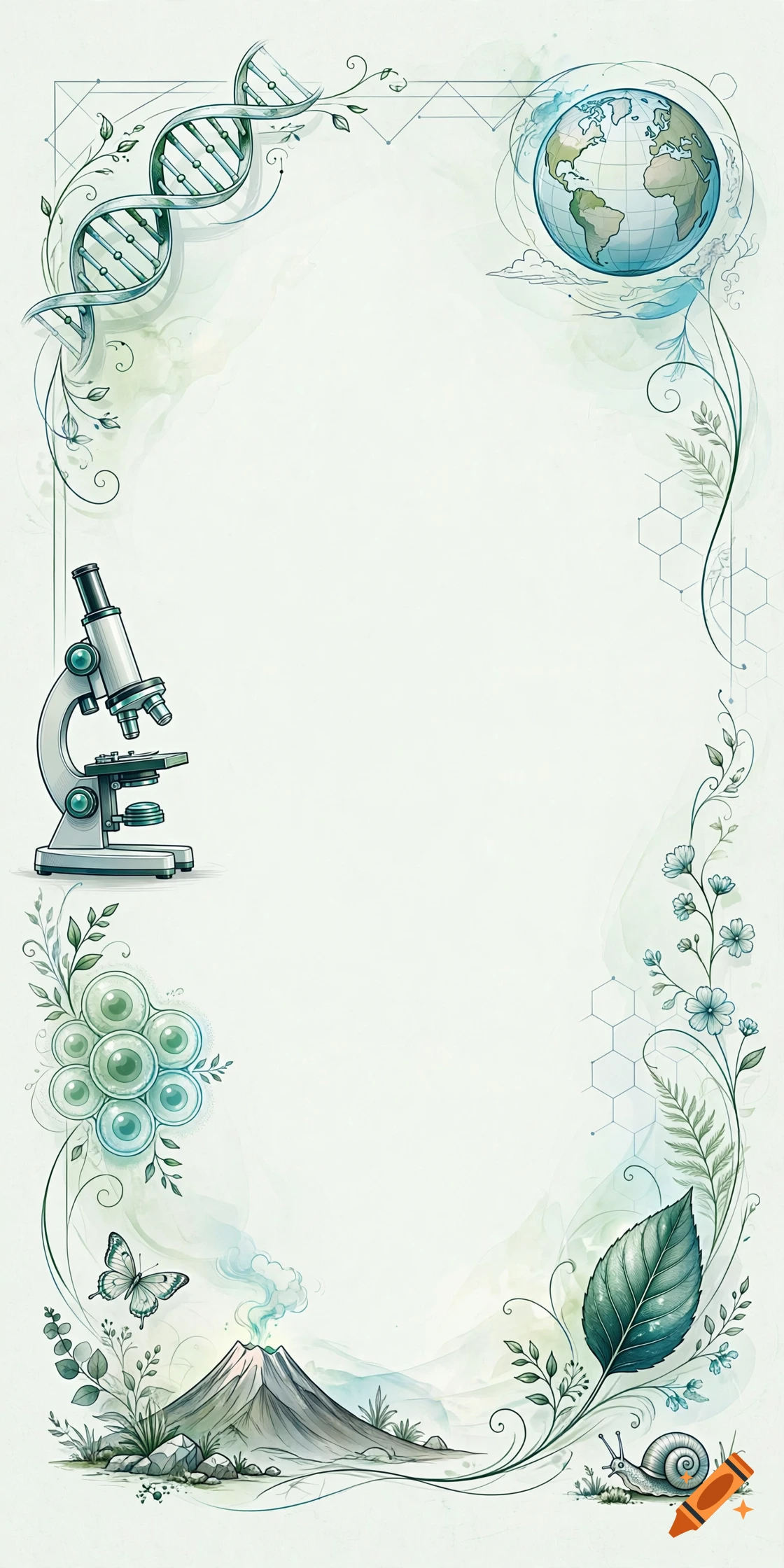 A vertical scientific illustration featuring a DNA strand, a globe, a microscope, cell structures, a volcano, a leaf, and a snail, all rendered in muted blue and green watercolor tones with decorative floral borders.