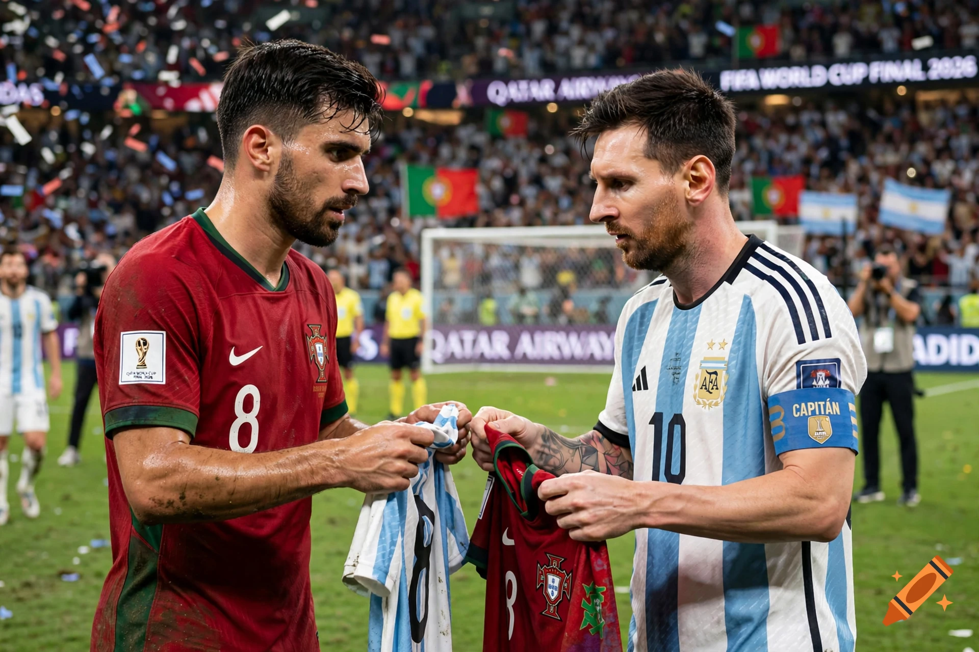 Photorealistic image of Ruben Neves and Lionel Messi swapping shirts on a soccer field during a world cup final.