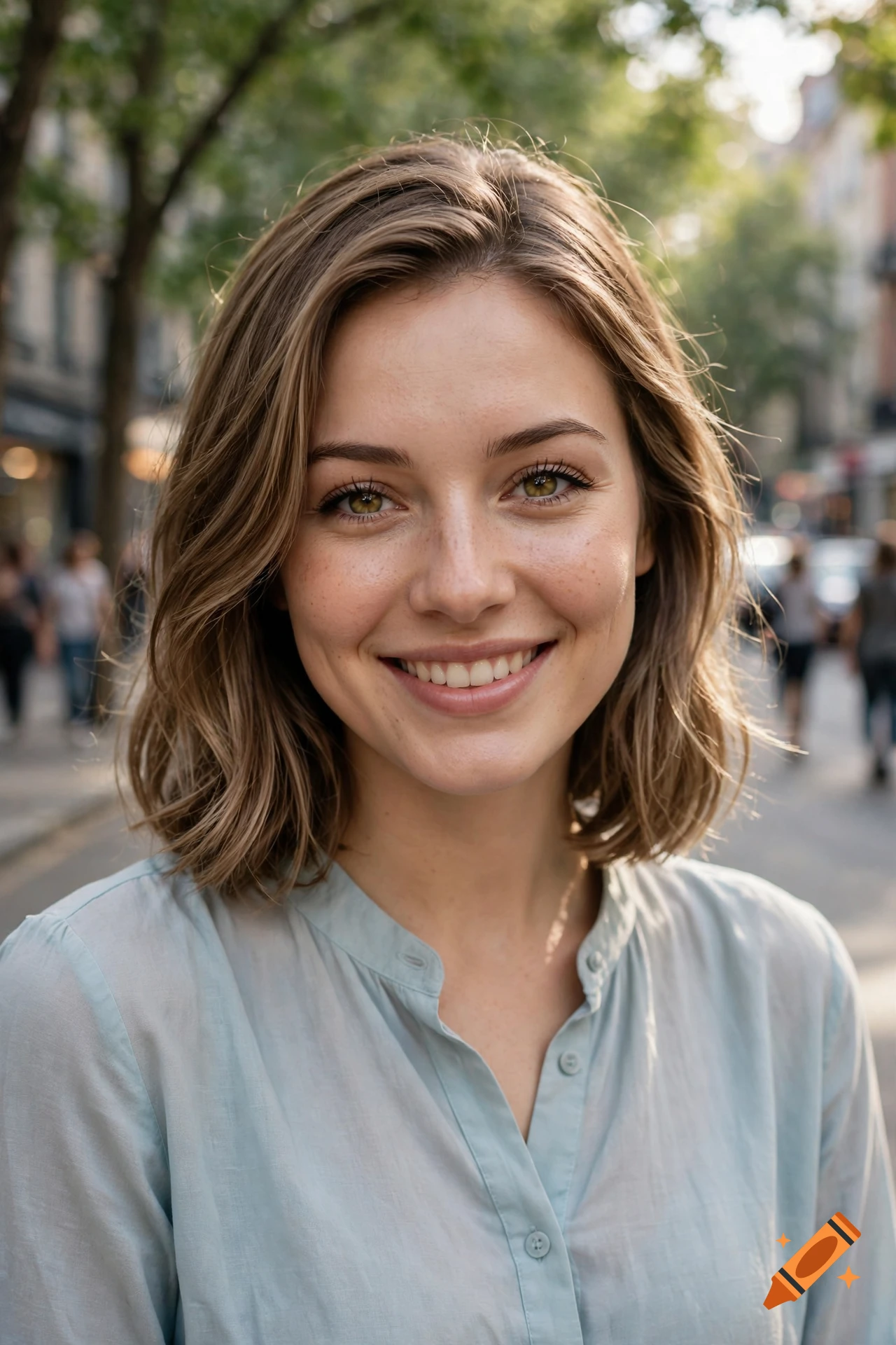 Photorealistic close-up portrait of a smiling young woman with light brown hair and freckles on a city street.