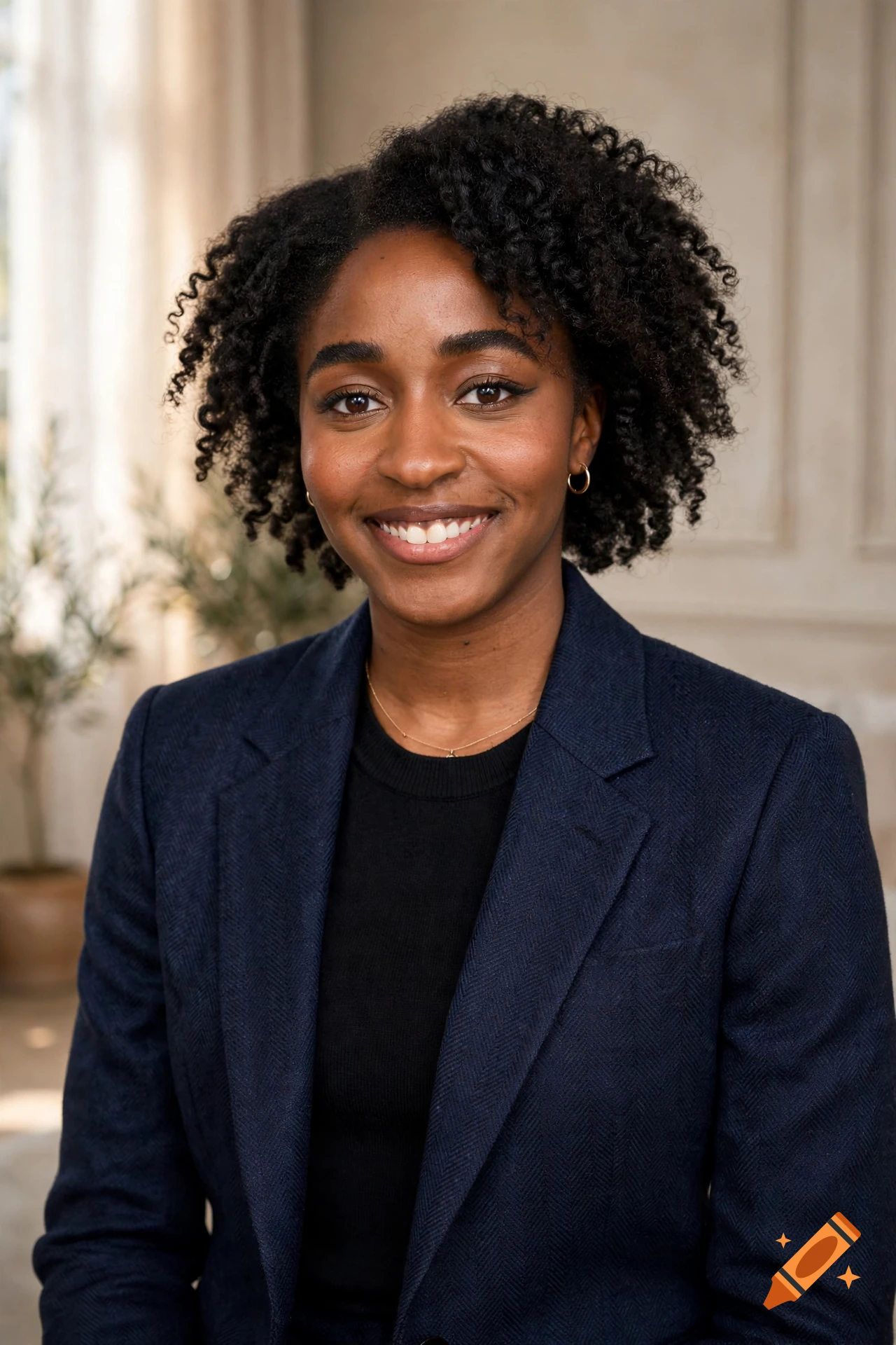 Photorealistic portrait of a smiling woman with curly dark hair, wearing a dark blue blazer and black shirt, indoors.