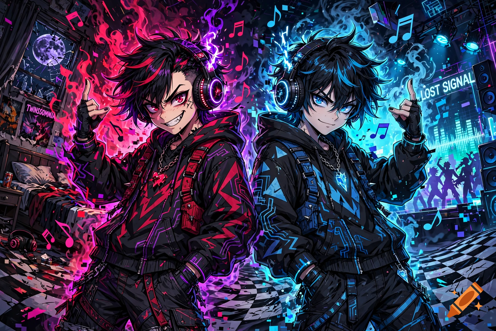 Two anime-style male characters with red and blue glowing effects, wearing headphones and hoodies in a concert setting.