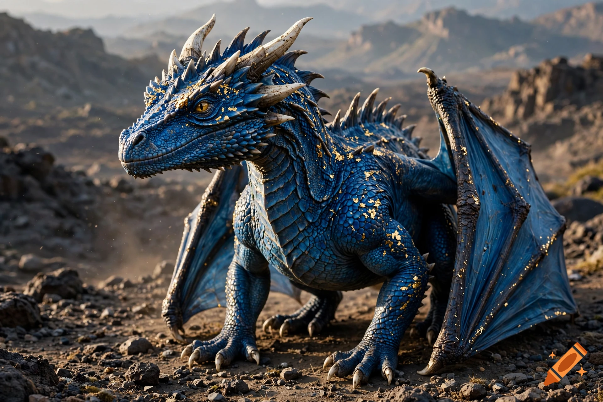 Photorealistic blue dragon with gold flakes crouching on rocky terrain in a mountainous landscape.