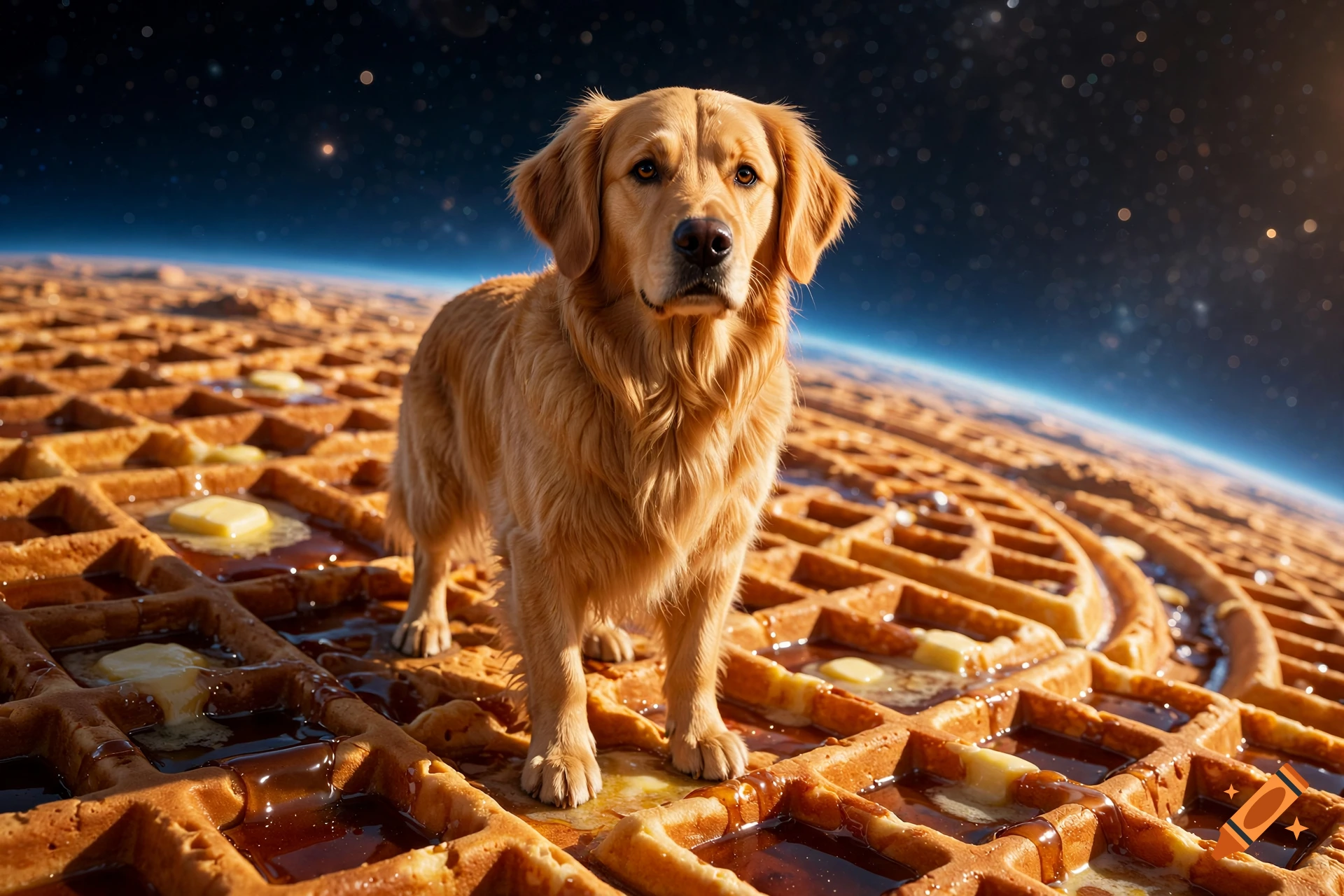 Photorealistic golden retriever standing on a giant waffle planet with syrup and butter under a starry galaxy.