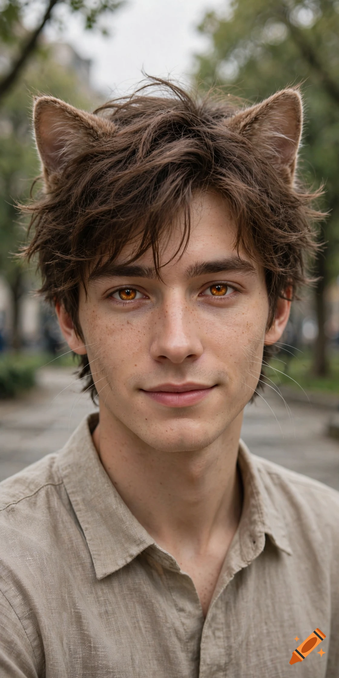 Close-up photorealistic portrait of a young man with brown hair, amber eyes, freckles, and cat ears in a park.