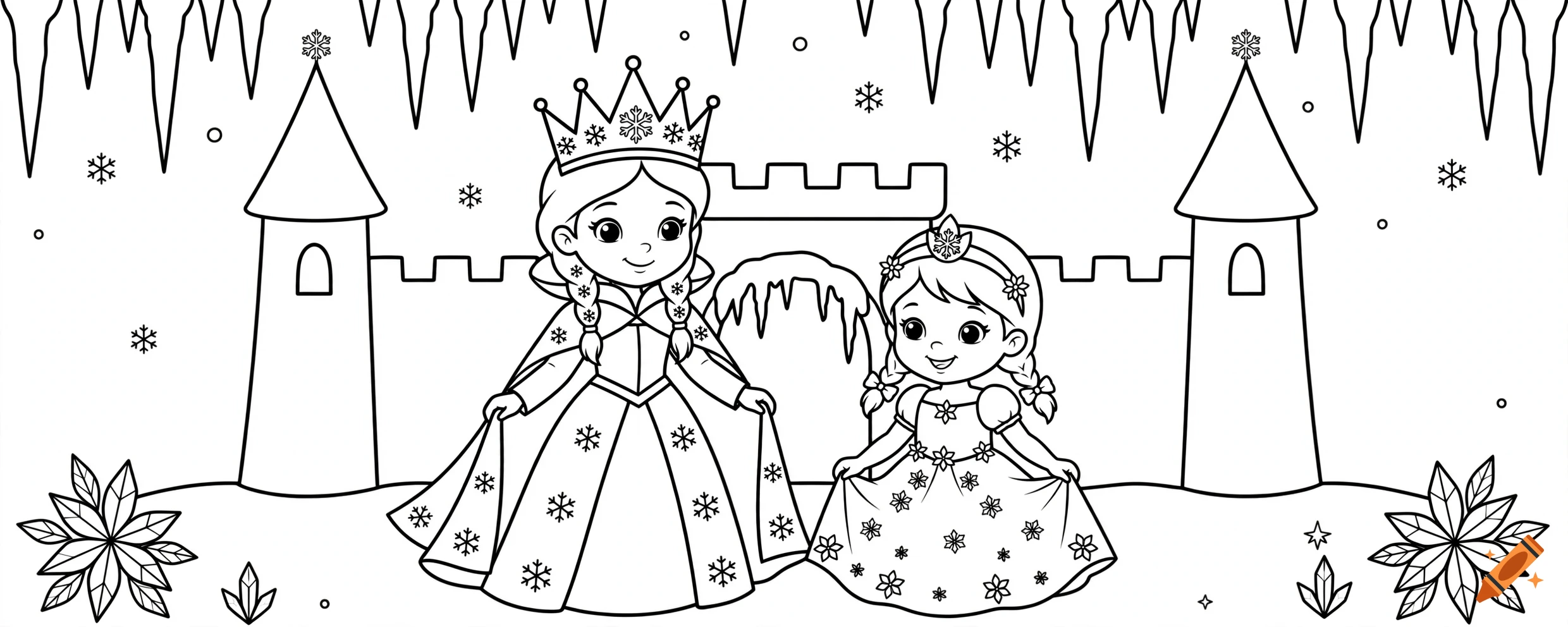 Black and white coloring page of two fairy tale ice princesses in front of a castle with icicles and snowflakes.