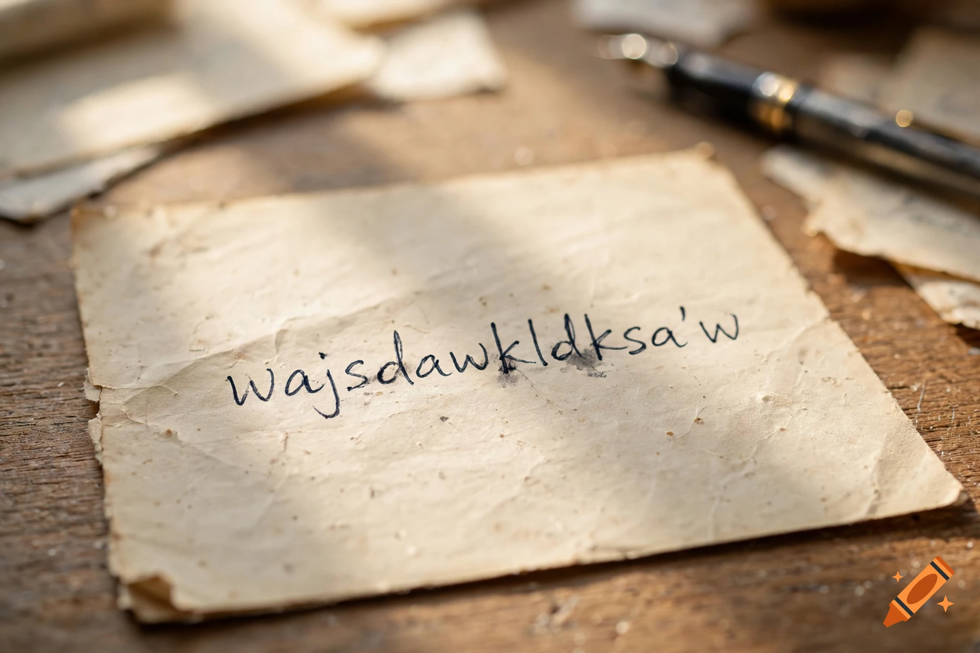 Close-up photograph of a handwritten note with the text 'wajsdawkldksa'w' on a wooden surface with a pen and old papers.