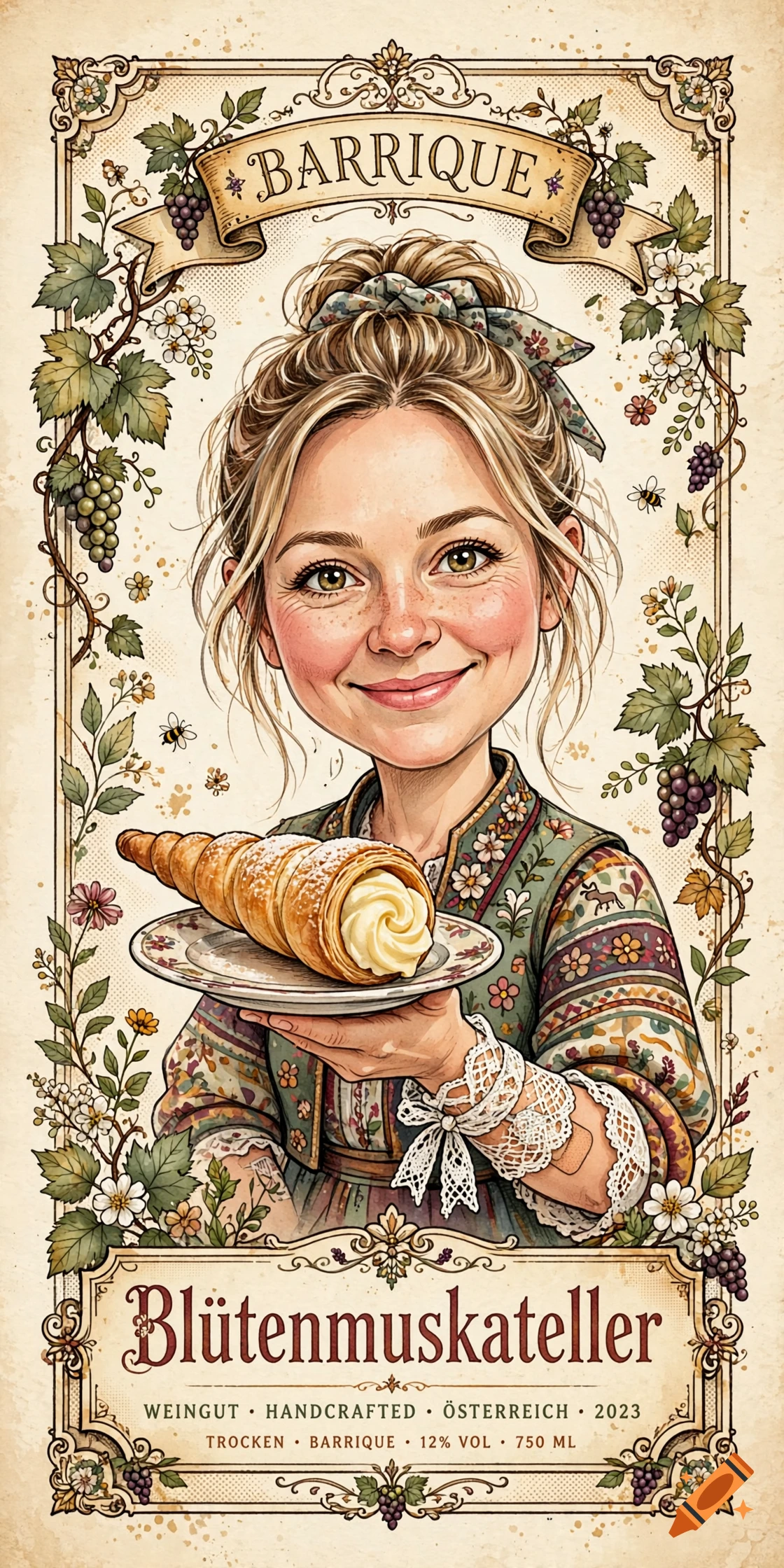 Vintage wine label illustration of a smiling blonde woman holding a pastry on a plate, framed by grapes and flowers.