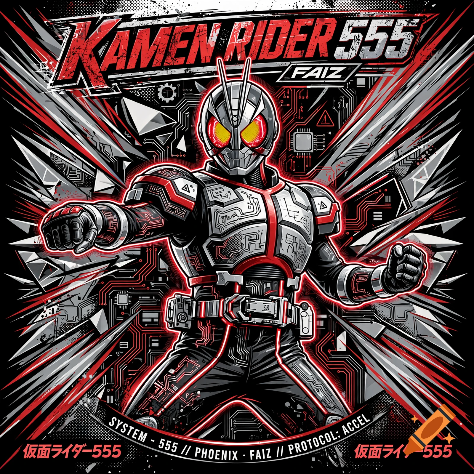 Streetwear graphic illustration of Kamen Rider 555 in red, black, and silver with circuit board background.