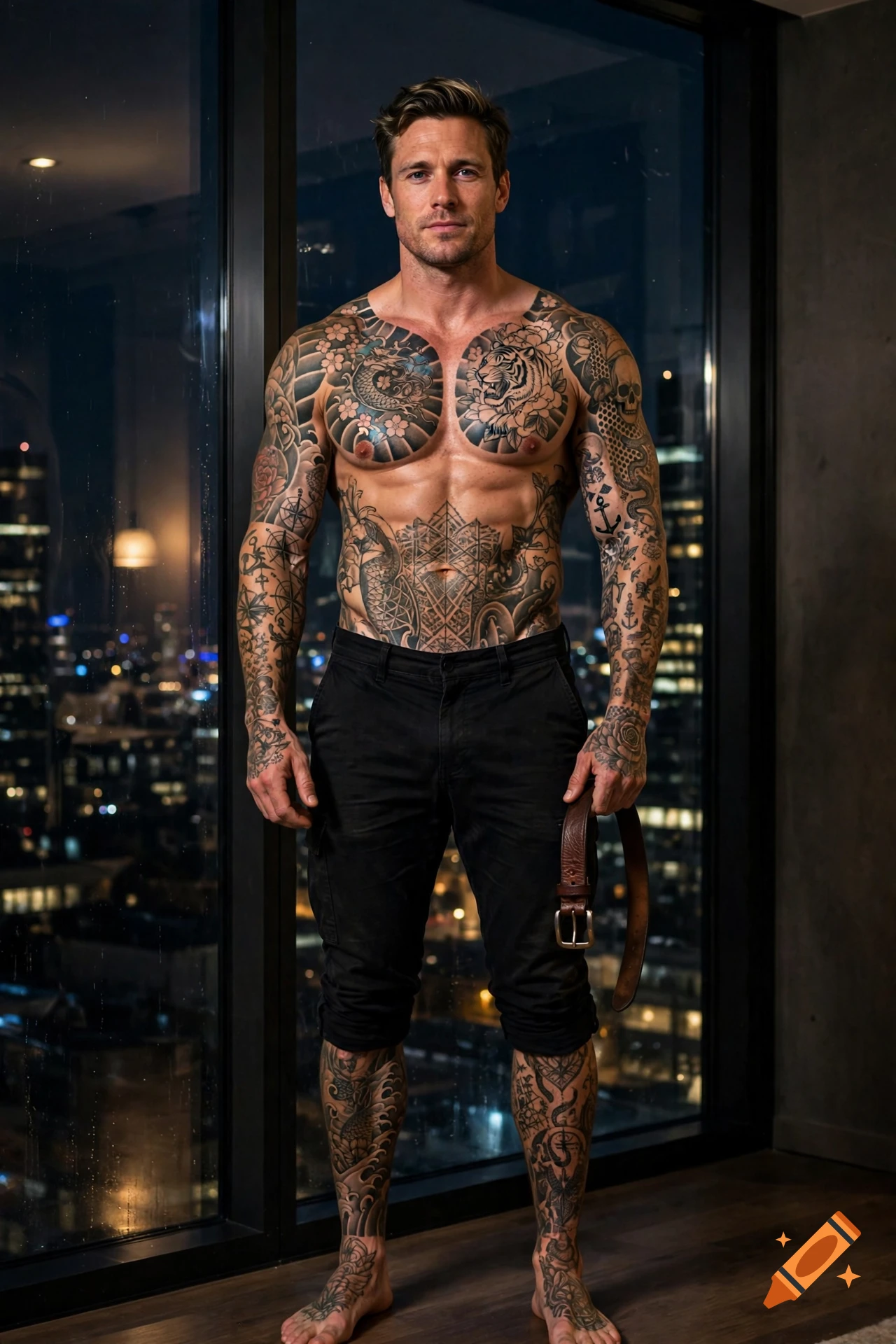 Photorealistic full-body portrait of a muscular man with extensive tattoos, wearing black trousers and holding a belt in front of a city window at night.