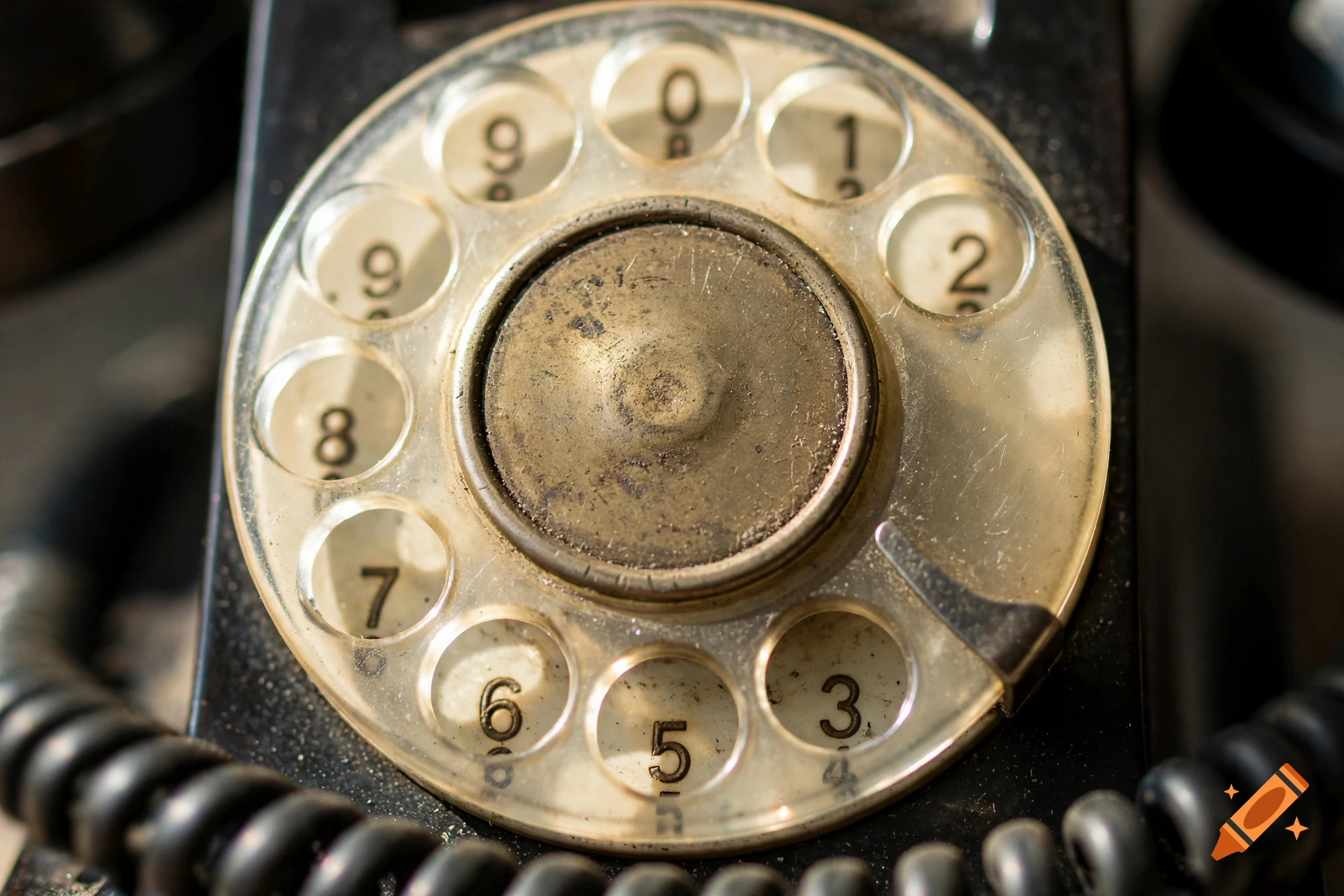 Close-up photorealistic shot of a vintage rotary phone dial with numbers clearly visible.