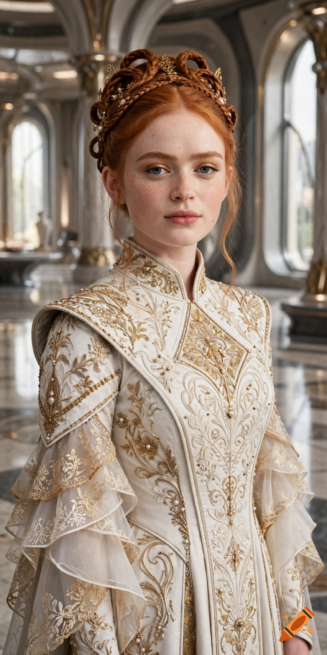 Photorealistic portrait of a woman with red hair in an elaborate braided updo, wearing an ornate white and gold gown inside a grand palace hallway.