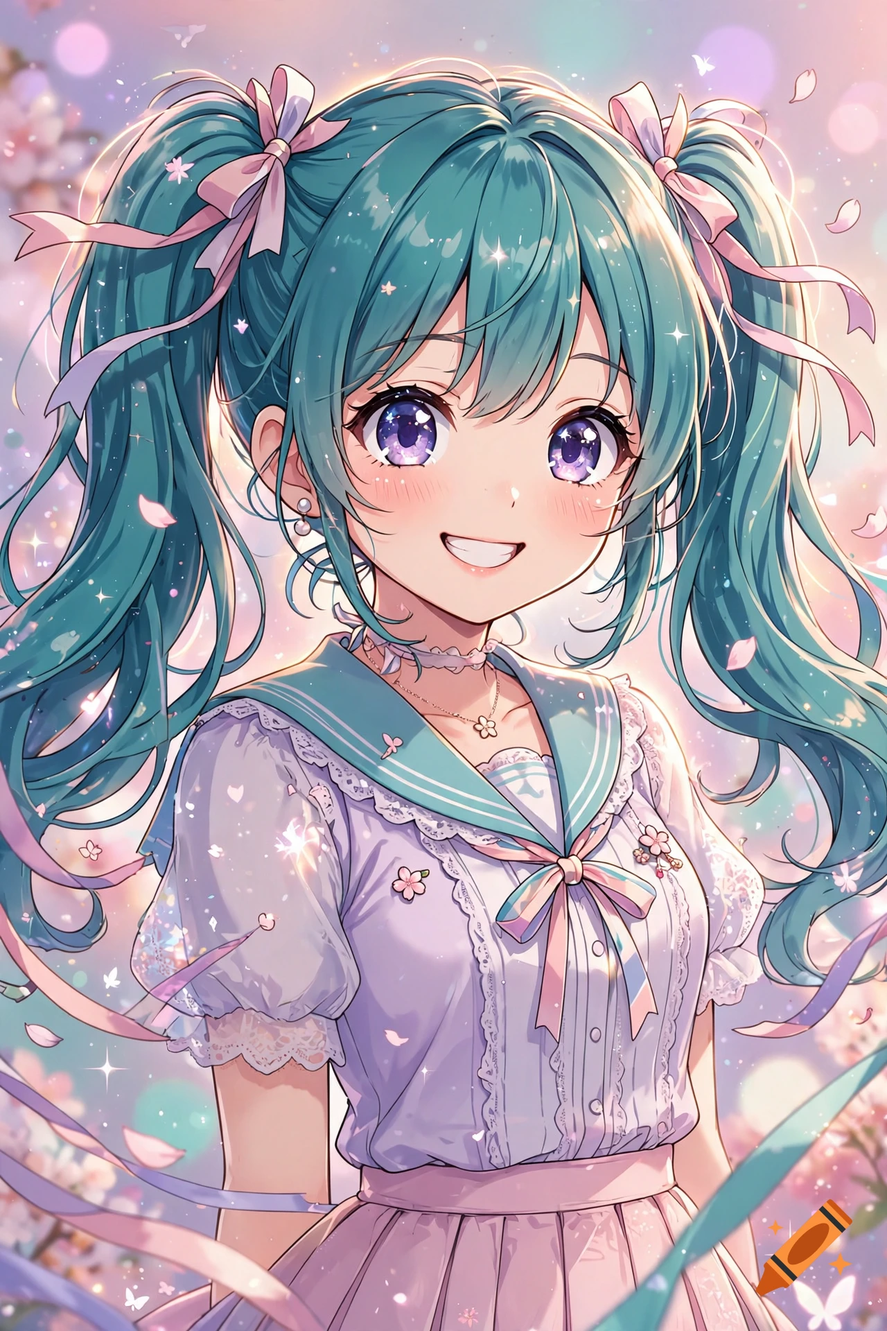 Anime style illustration of a smiling Japanese woman with teal twin-tail hair and pink ribbons in a pastel setting.
