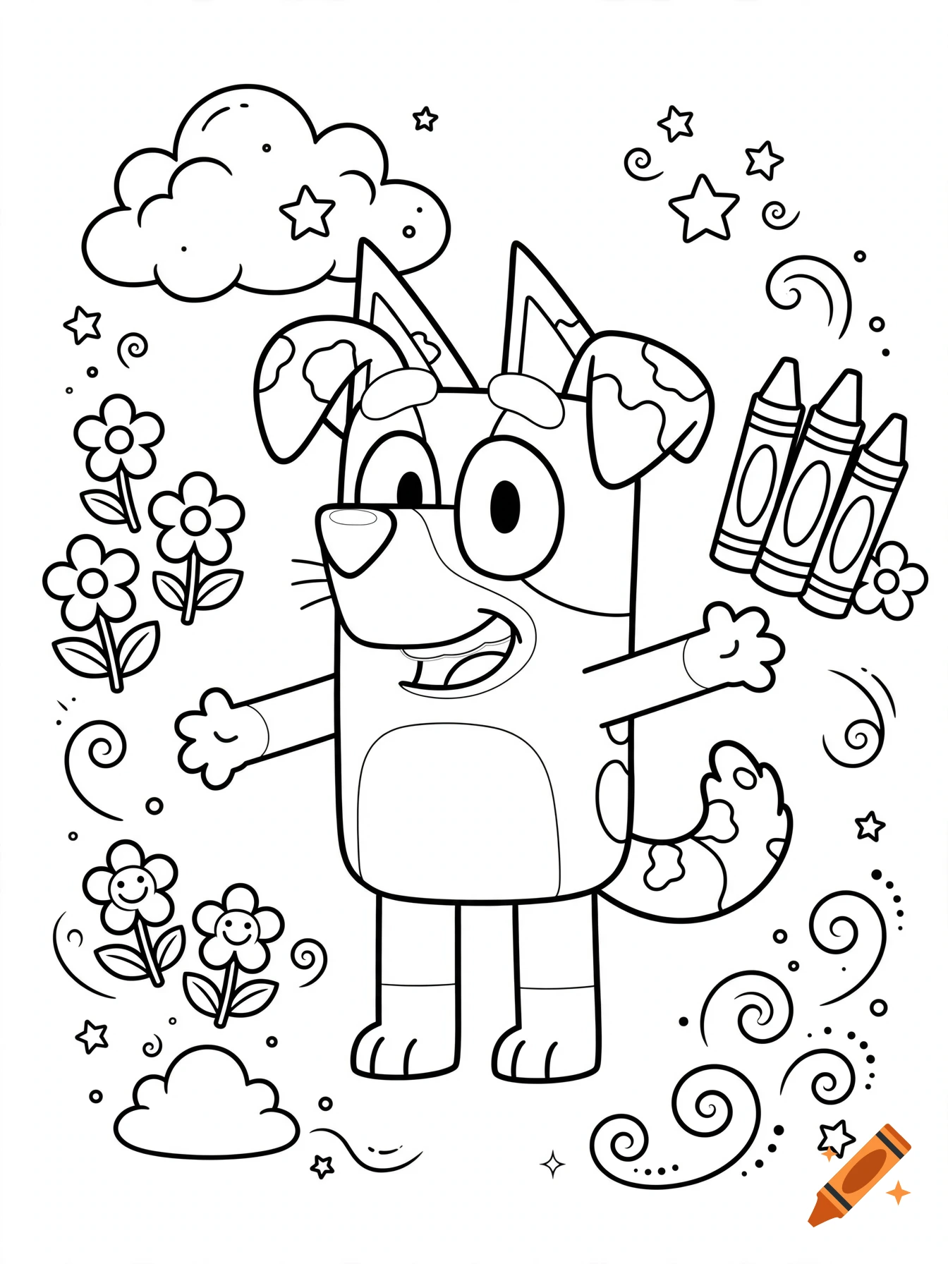Black and white coloring page of a cartoon dog with spots, surrounded by flowers, stars, clouds, and crayons.