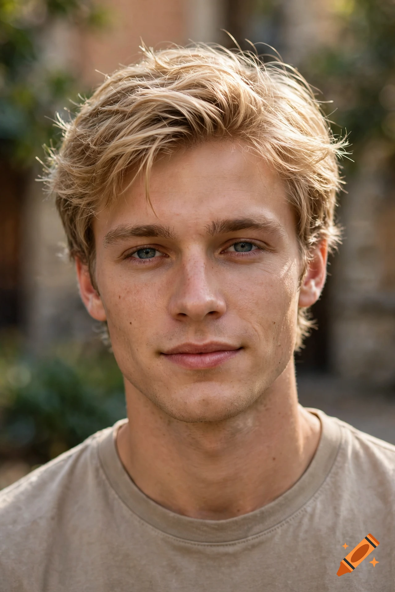 Close-up photorealistic portrait of a young blonde man with blue eyes and freckles.