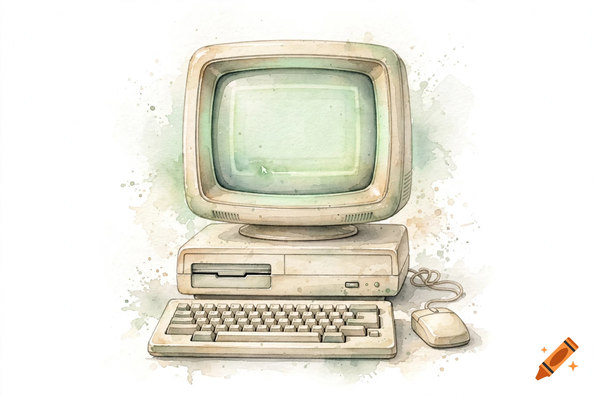 Watercolor illustration of a vintage beige desktop computer with a pastel green screen, keyboard, and mouse on a white background.