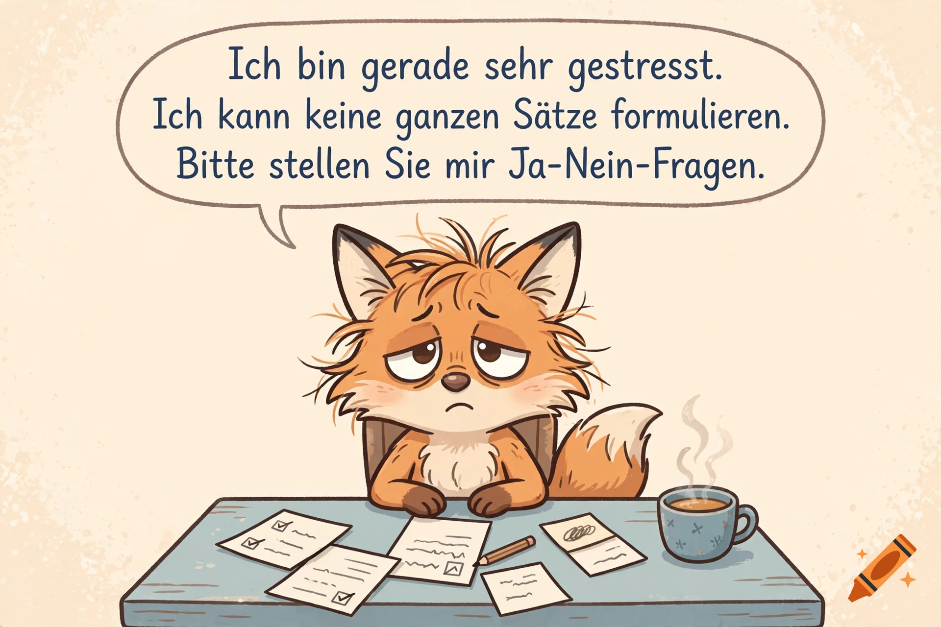 An illustration of a stressed cartoon fox sitting at a desk with papers and a coffee cup, with a German speech bubble.