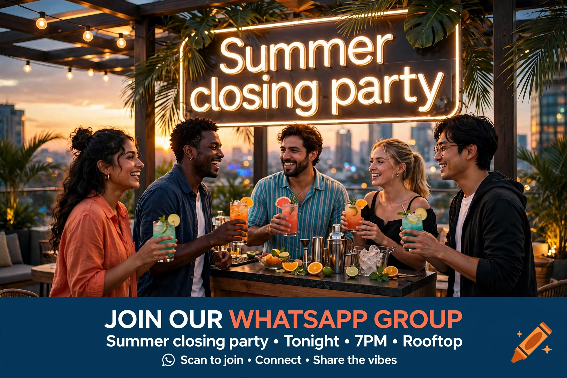 Diverse group of friends enjoying cocktails at a rooftop bar during sunset with a glowing neon sign reading Summer closing party.