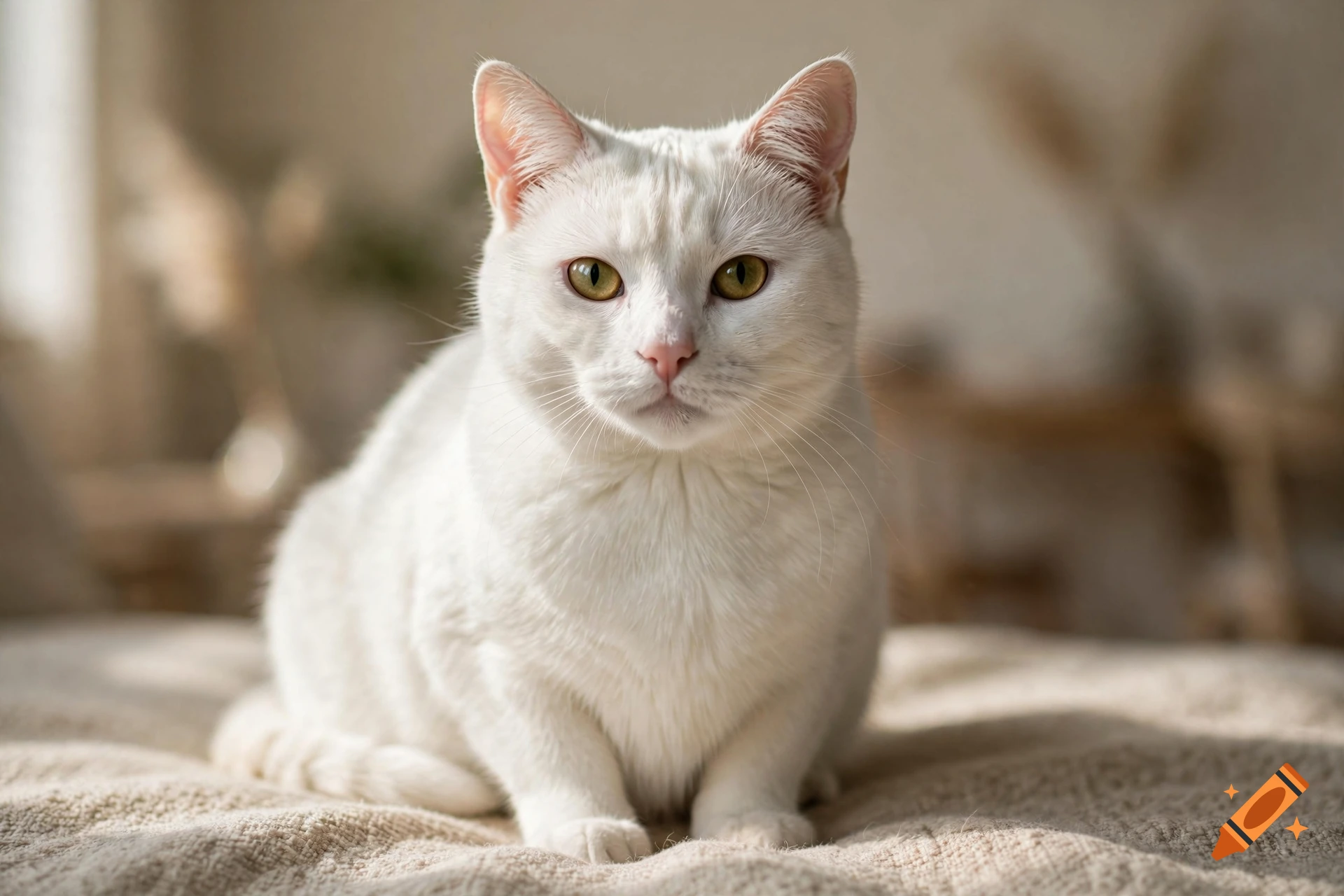 Photorealistic close-up of a white cat sitting on a textured beige blanket indoors.