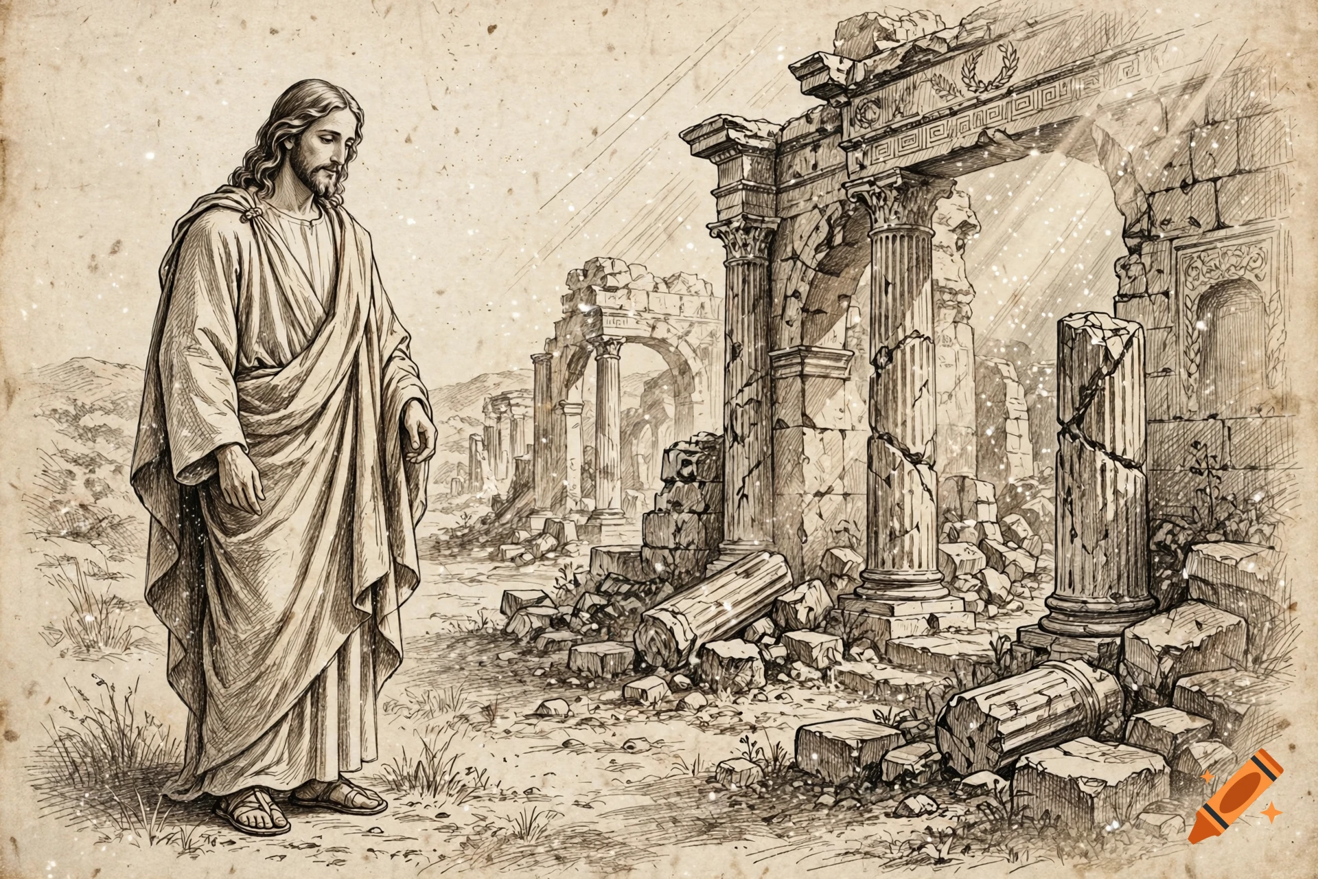 Sketch-style illustration of Jesus standing on the left beside ancient roman ruins on the right.