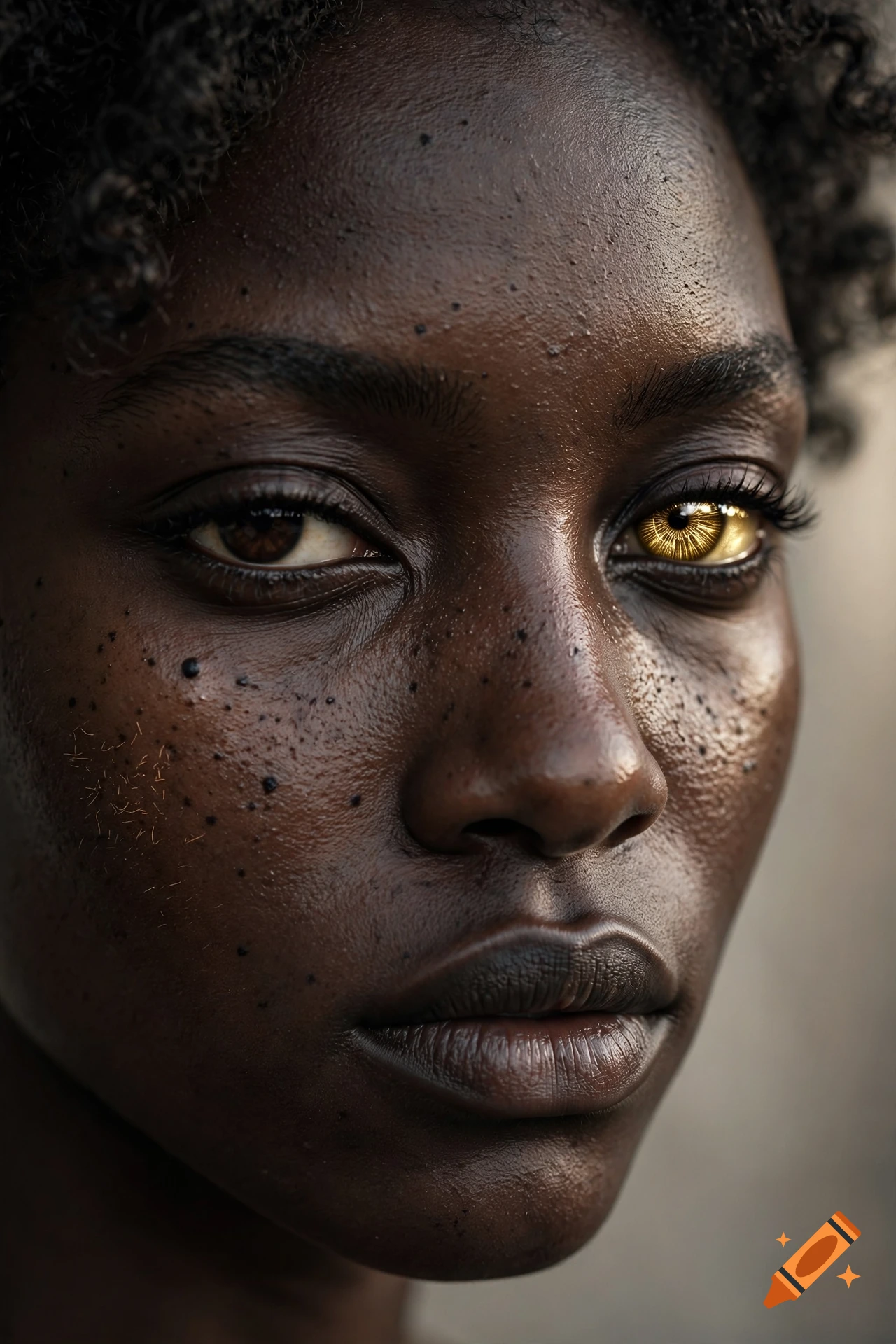 Close-up portrait of a dark-skinned woman with freckles, curly hair, and one glowing golden eye.