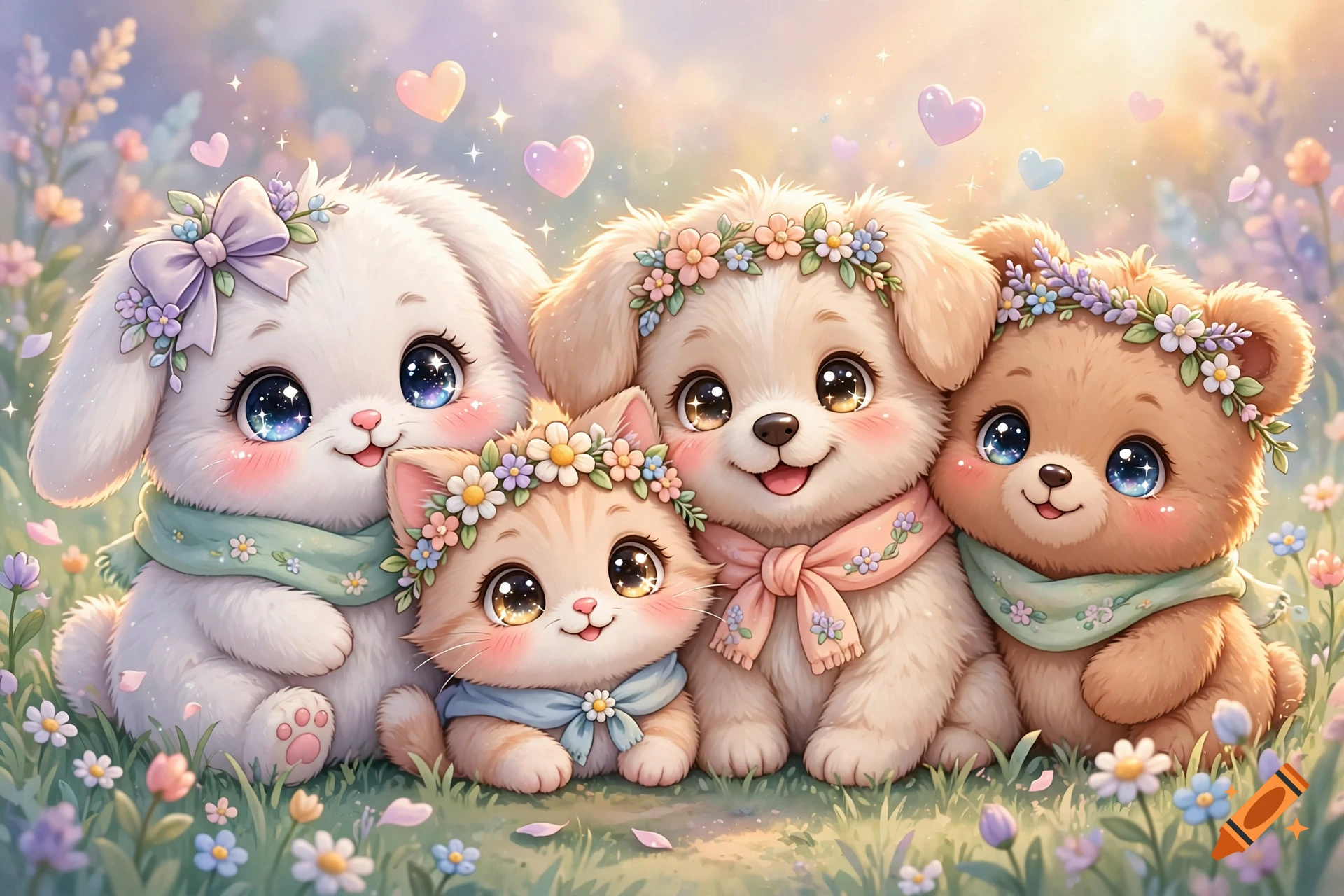 Digital illustration of four cute kawaii animals wearing flower crowns and scarves in a sunny meadow with hearts floating.