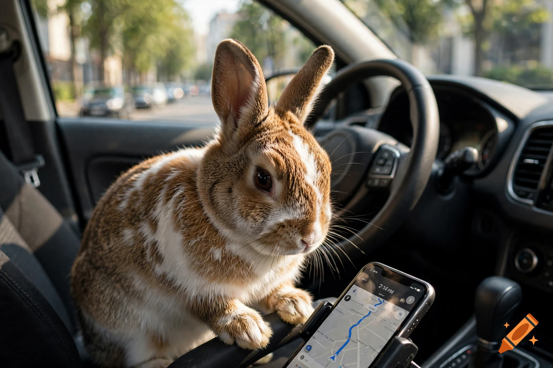 Photorealistic image of a brown and white rabbit sitting in the driver's seat of a car, looking at a smartphone displaying a map.