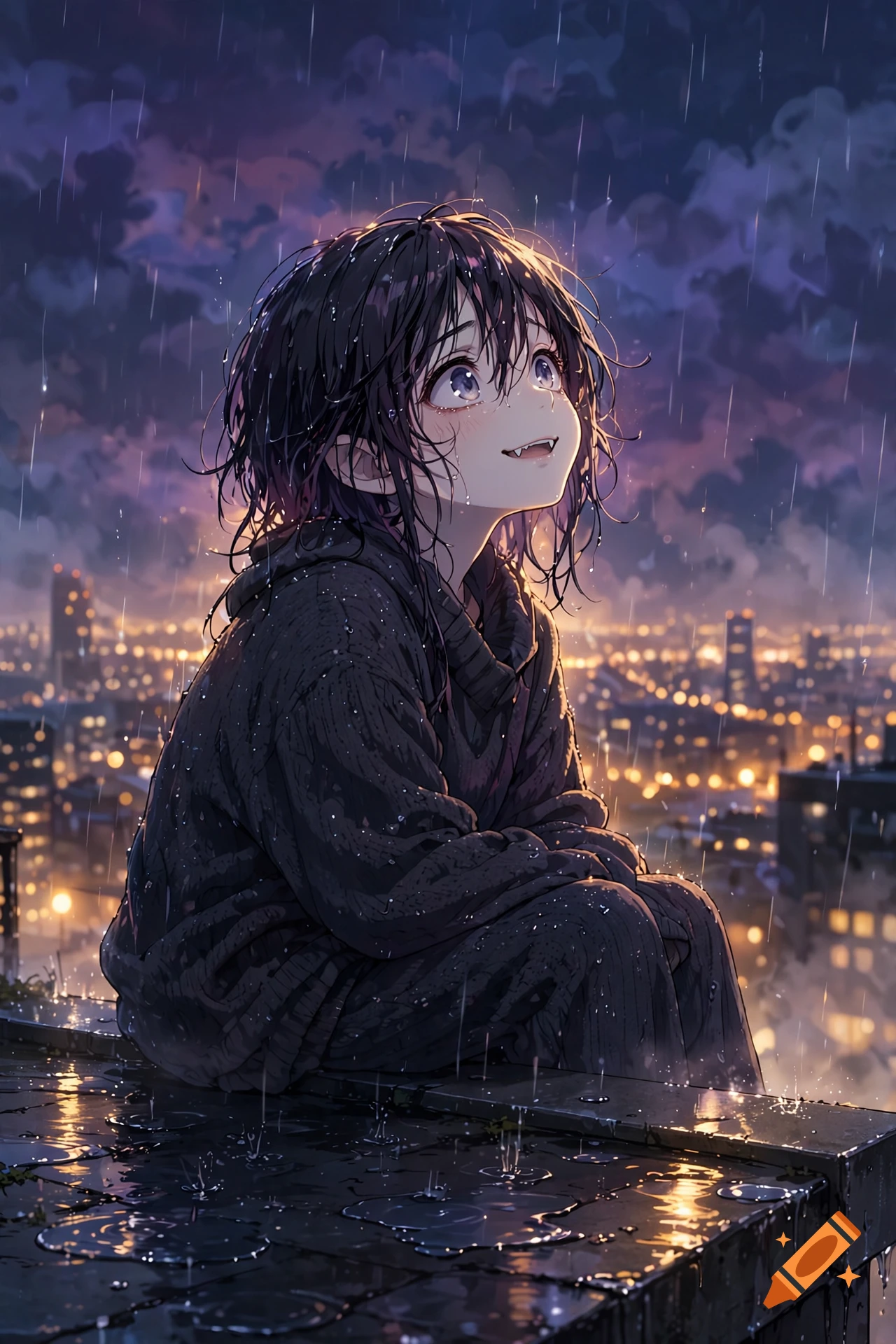 Anime style illustration of a vampire girl sitting on a rainy rooftop, looking up at a city skyline.