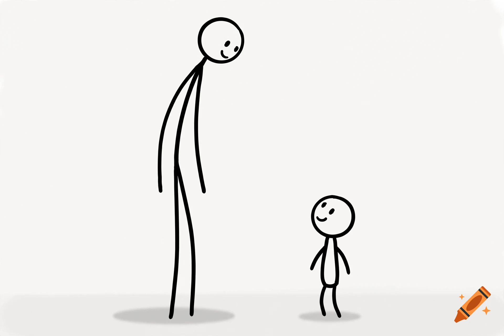 Minimalist black and white line drawing of a tall stick figure looking down at a very small stick figure.