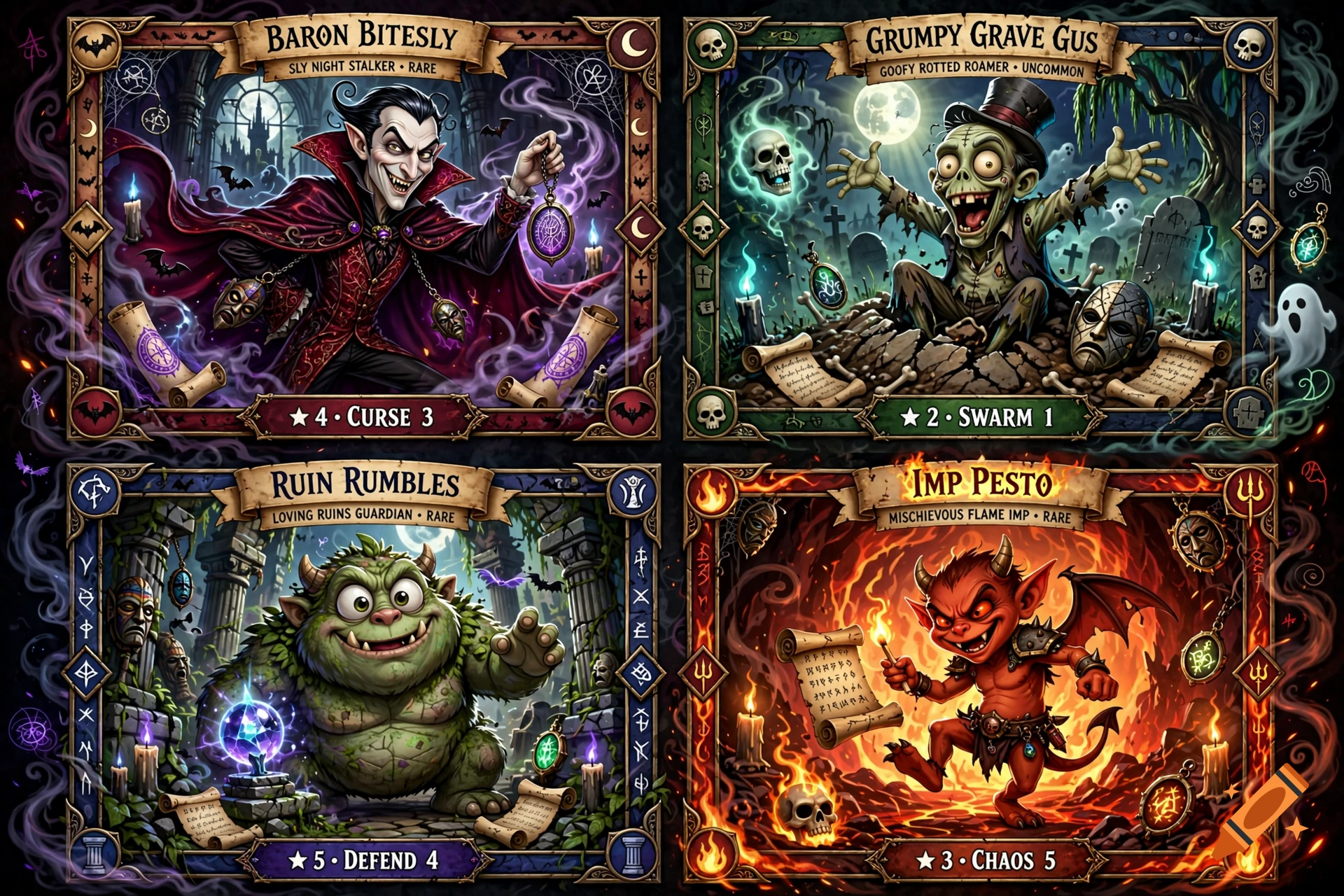 Four fantasy trading card covers featuring a vampire, zombie, monster, and demon in a vibrant cartoon illustration style.