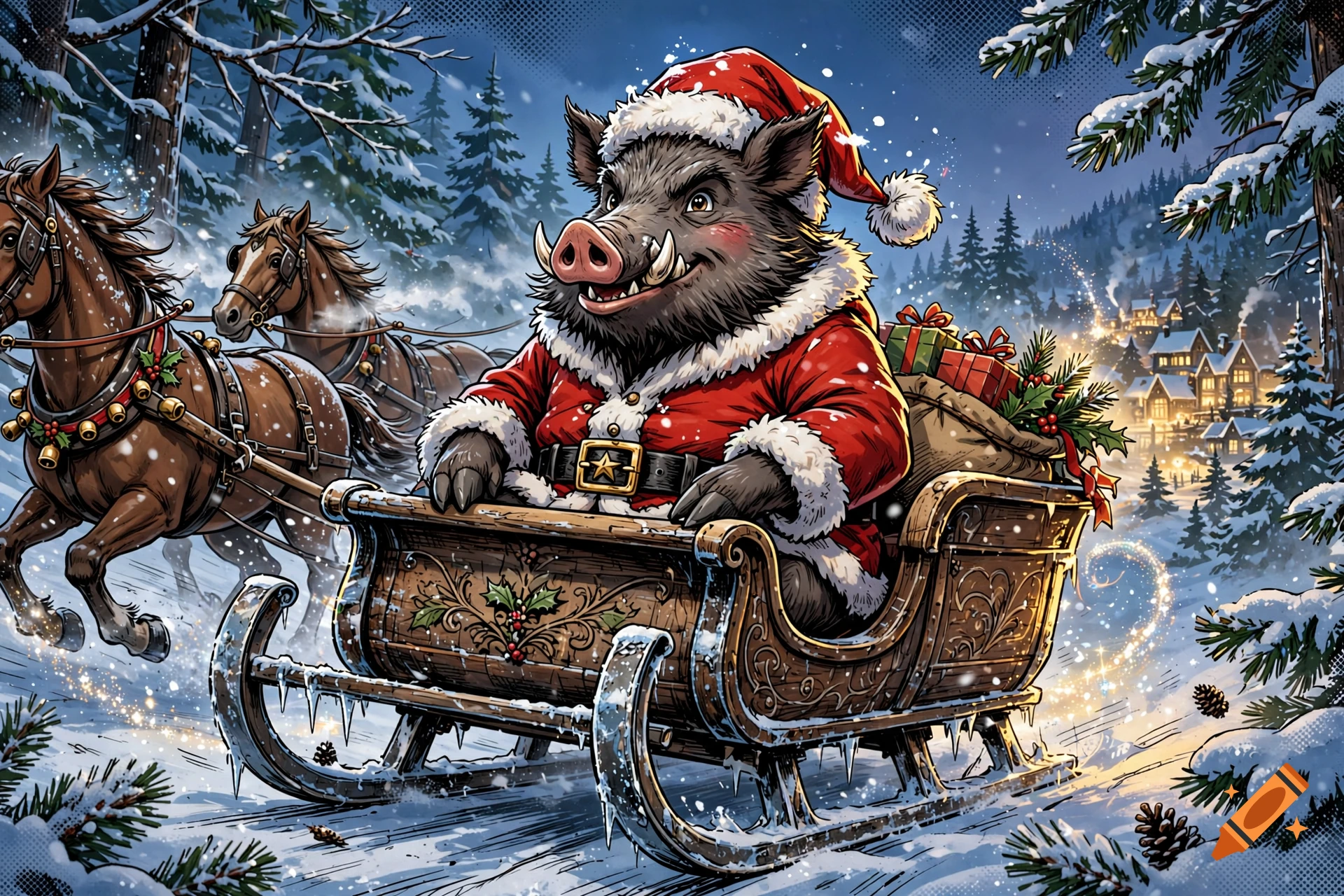 Comic-style illustration of a wild boar wearing a Santa Claus suit driving a horse-drawn sleigh through a snowy forest at dusk.