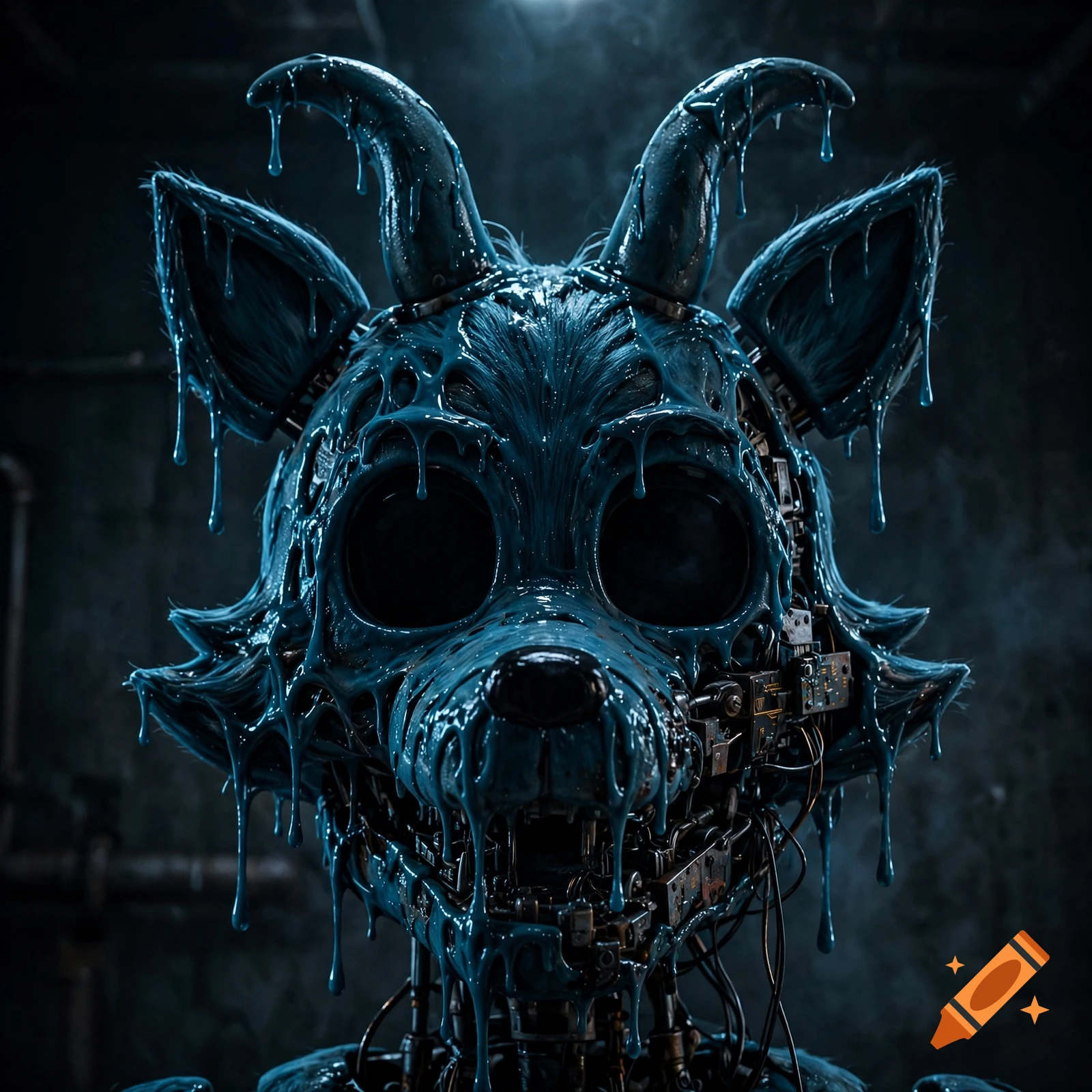 Close-up of a creepy, melting dark cyan animatronic fox head with horns and large black eye sockets in a dark setting.