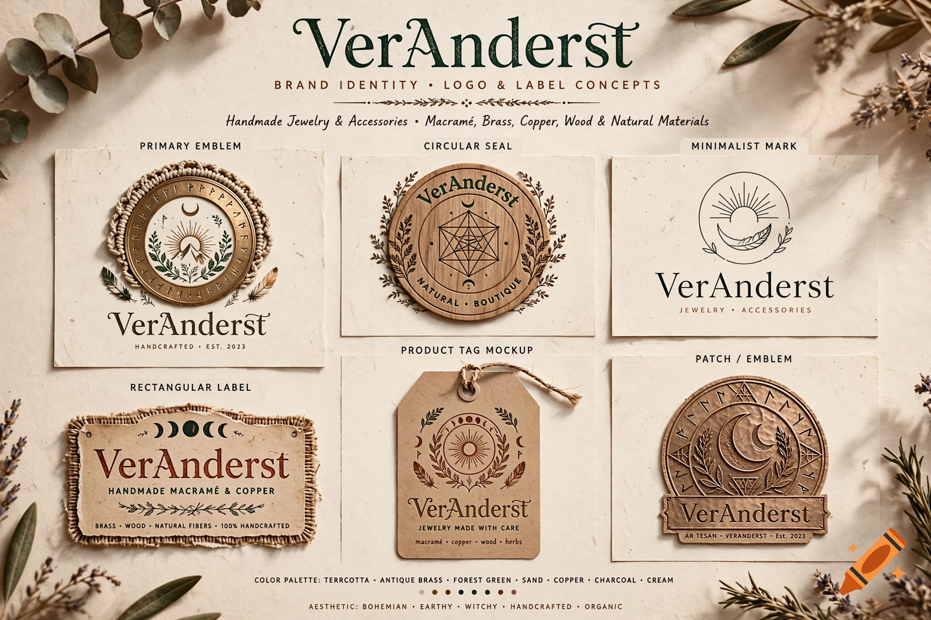 A brand identity and logo concept sheet for VerAnderst, featuring bohemian-style emblems, circular seals, and product tag mockups on textured paper.