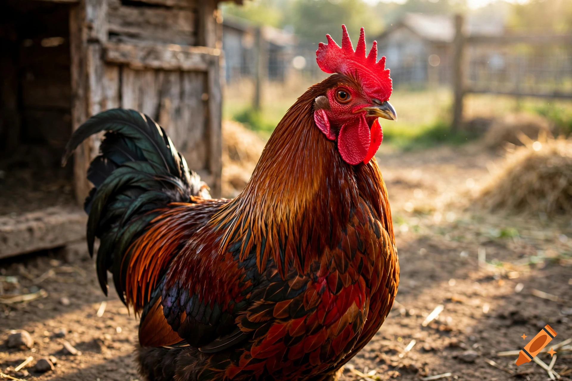 Close-up of a colorful rooster with a bright red comb standing in a farmyard at sunset, photorealistic.