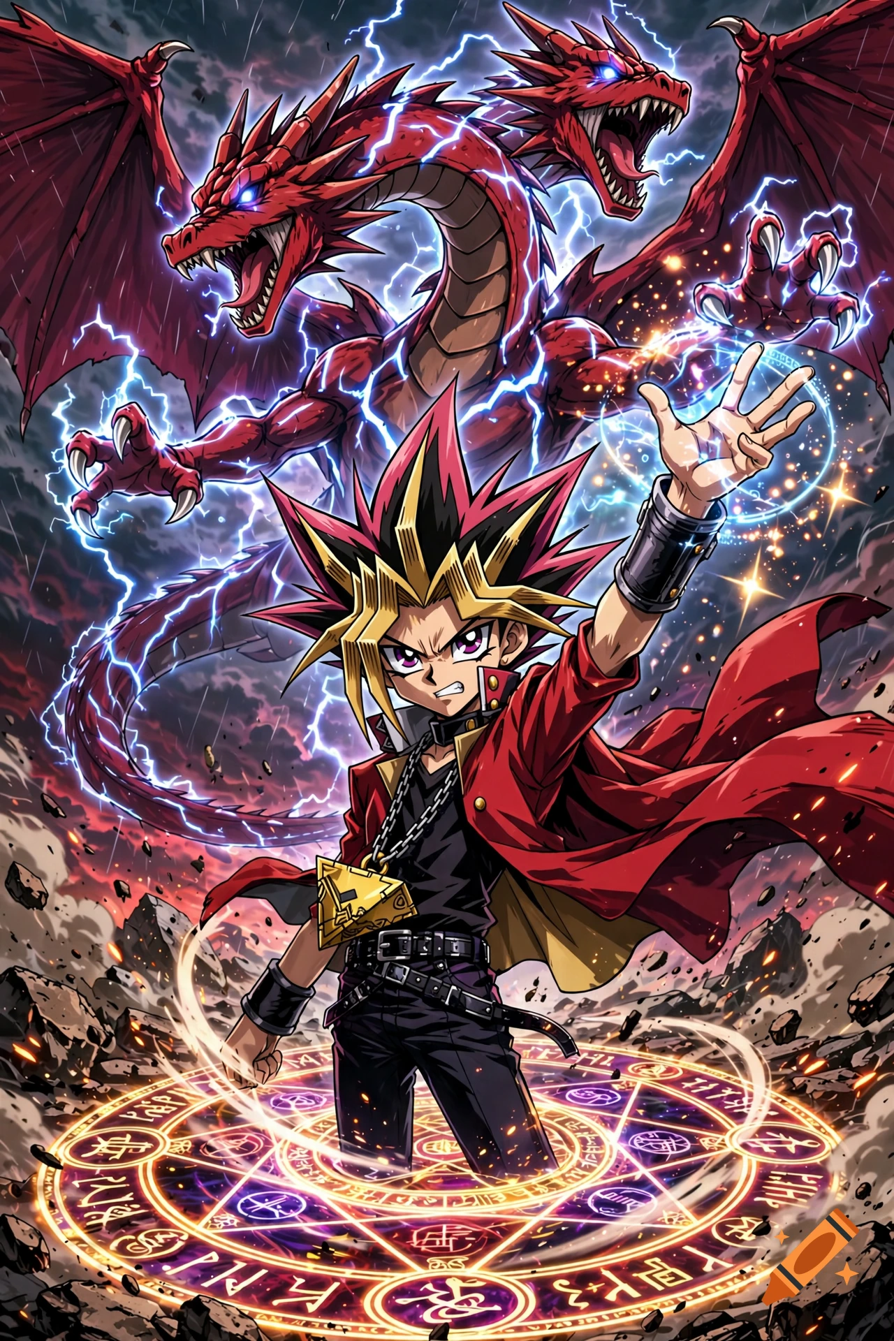 Anime illustration of Yugi summoning Slifer the Sky Dragon amidst lightning and magical runes.